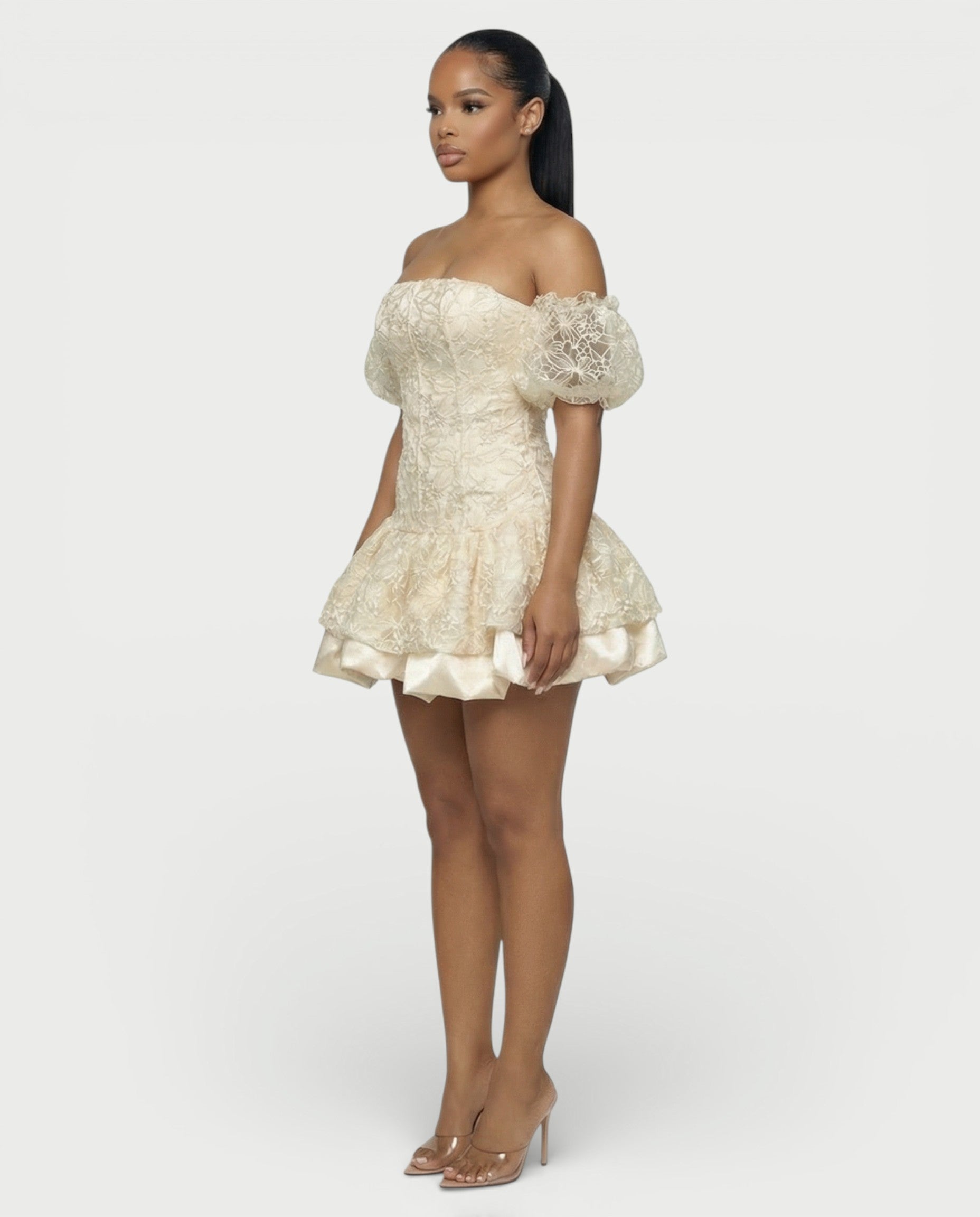 AVARINE Strapless Floral Lace Mini Dress