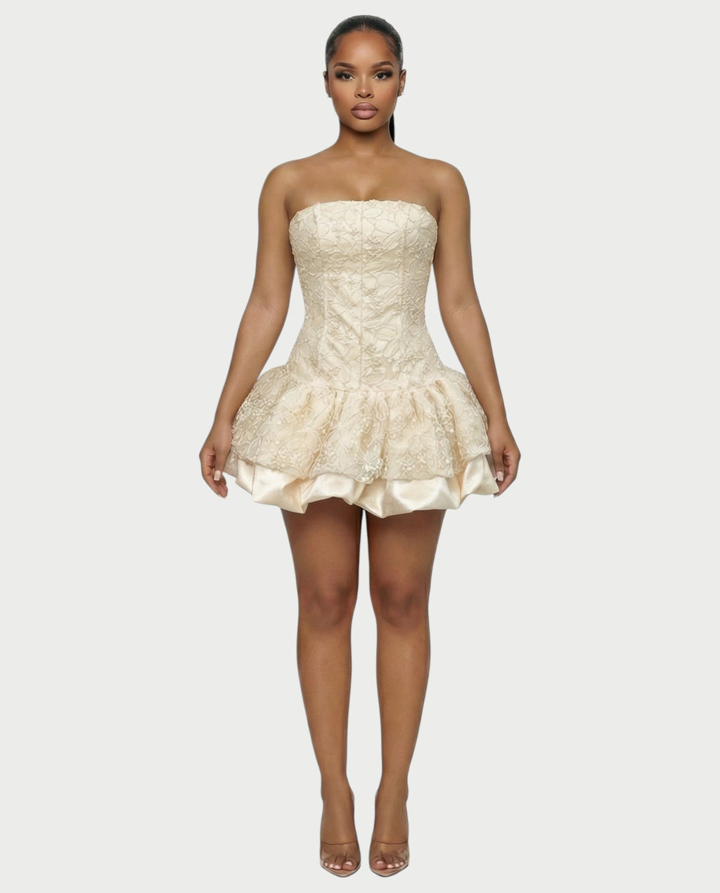 AVARINE Strapless Floral Lace Mini Dress