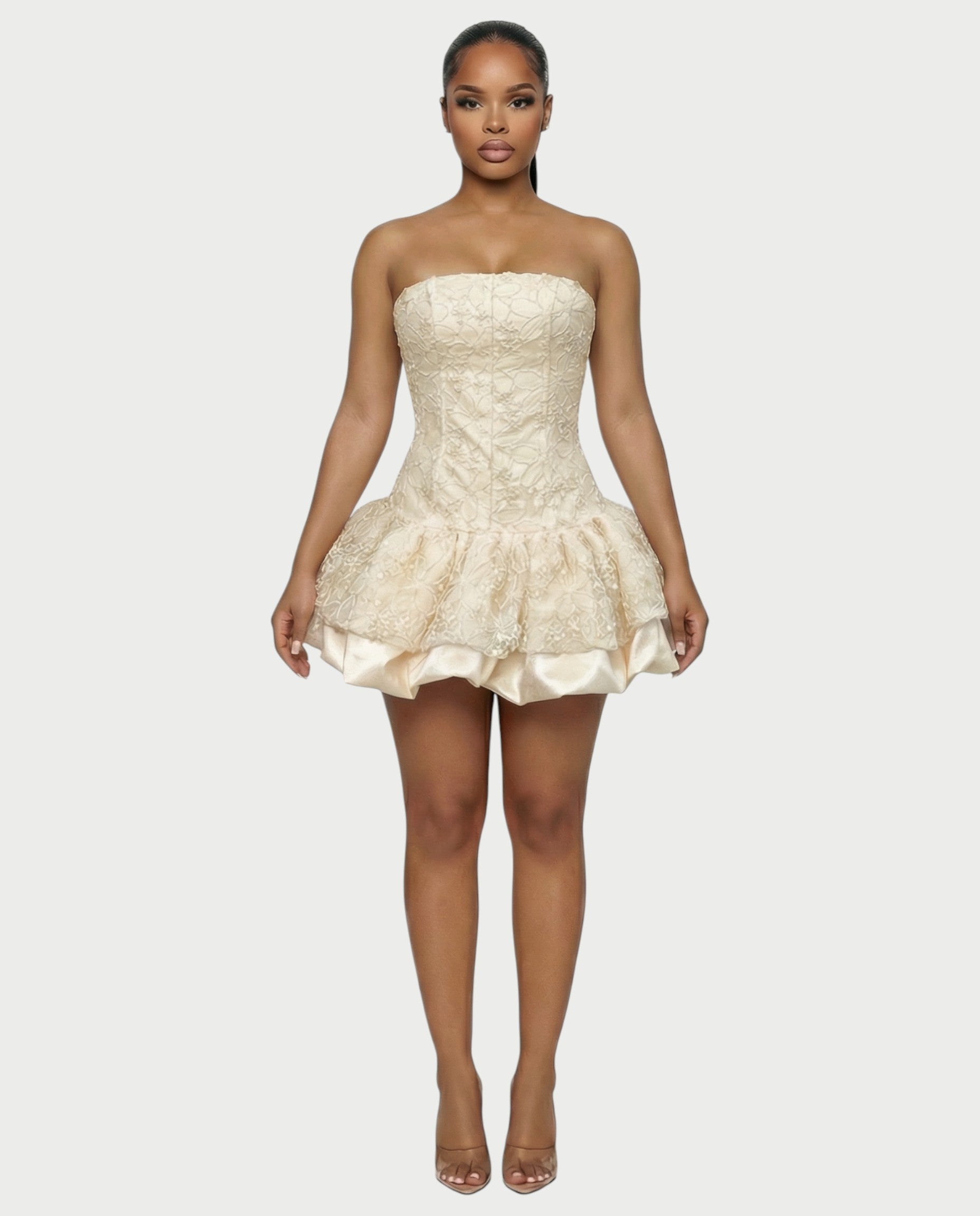 AVARINE Strapless Floral Lace Mini Dress