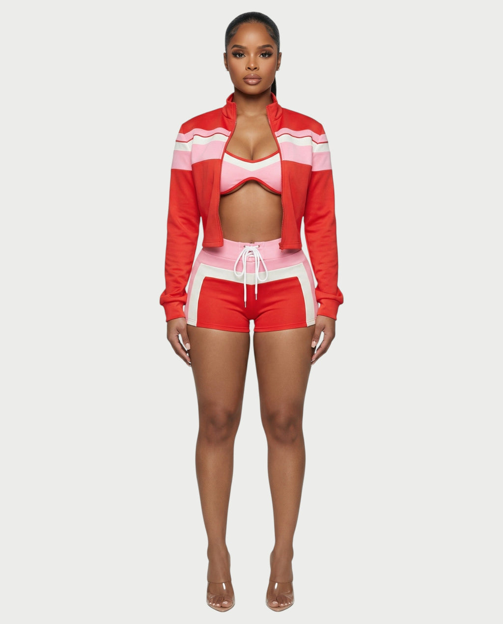 EMBERLY Contrast Zip-Up Jacket Three-Piece Set