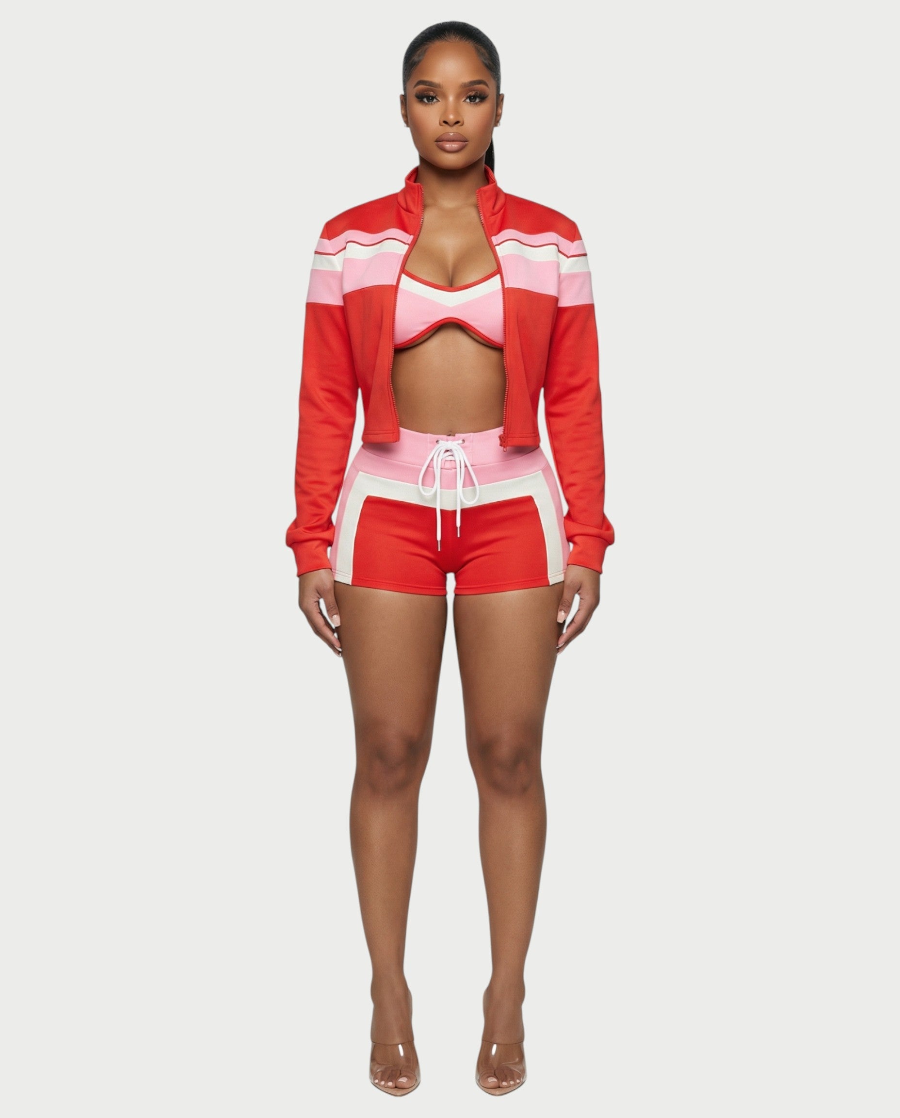 EMBERLY Contrast Zip-Up Jacket Three-Piece Set