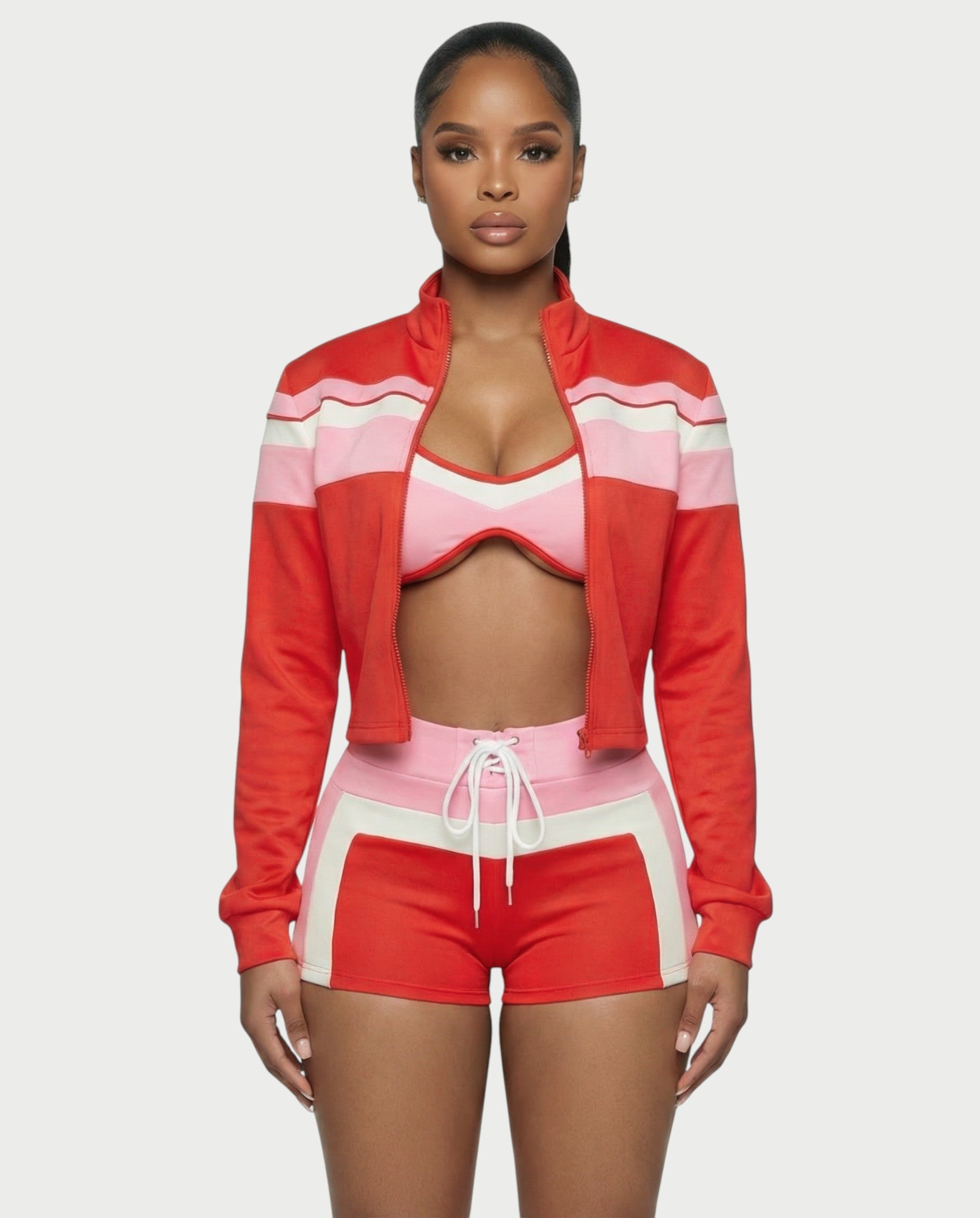 EMBERLY Contrast Zip-Up Jacket Three-Piece Set