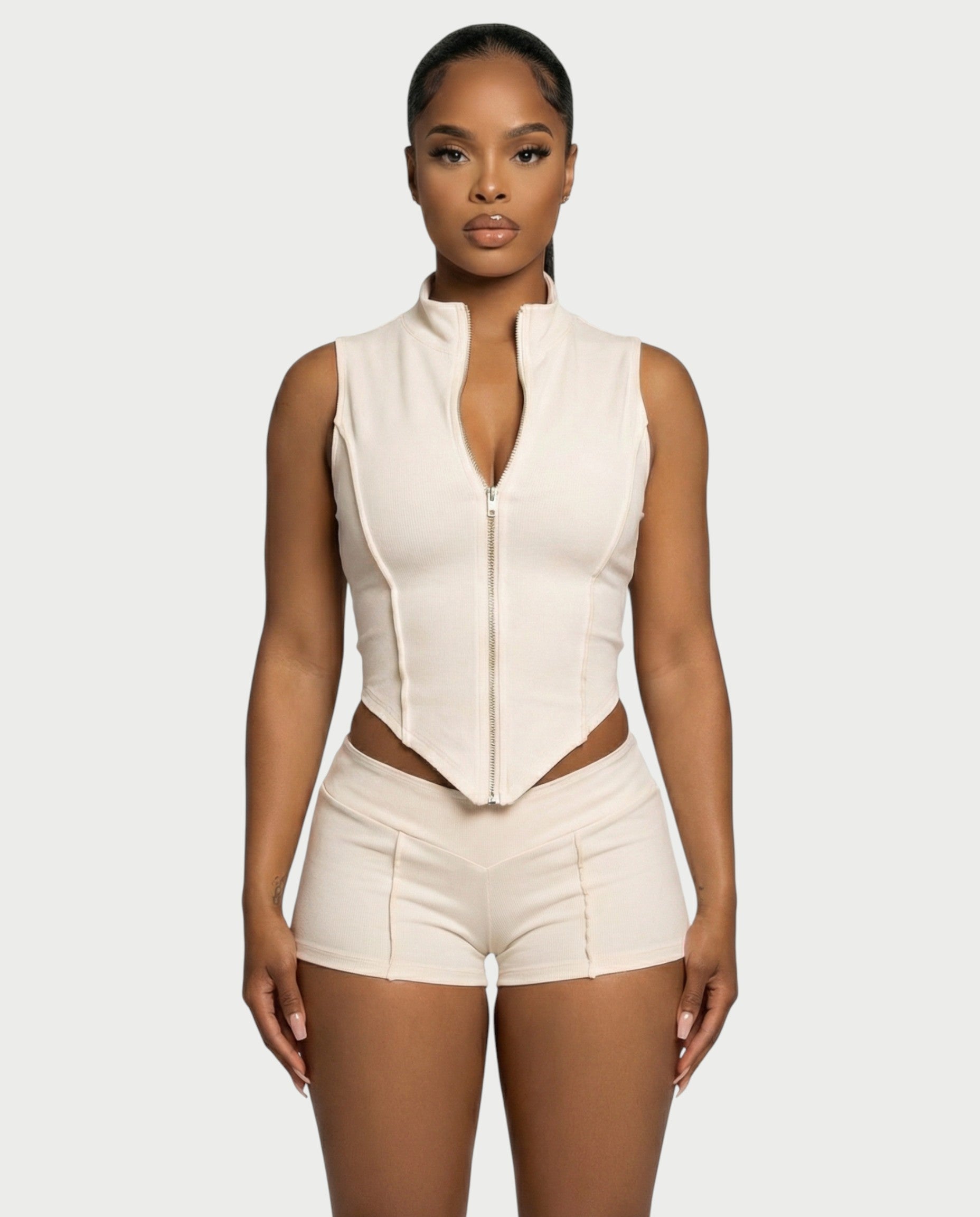SARIAH Zip Up Cropped Tank Top & Shorts Set