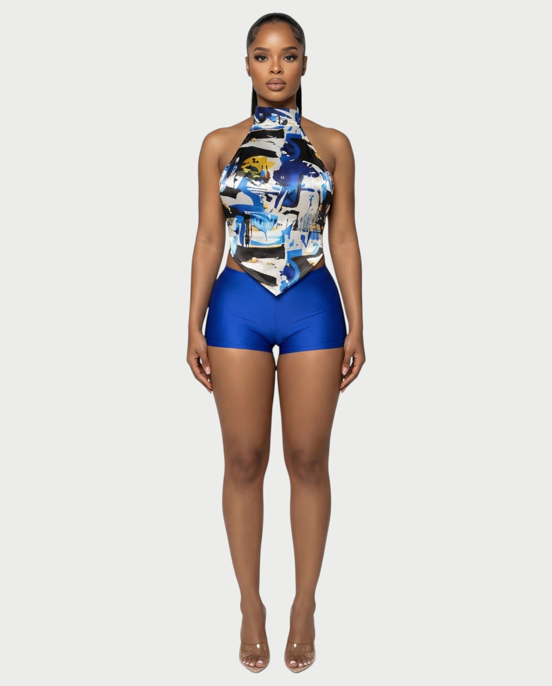 MAEVYN Backless High Neck Top & Shorts Set