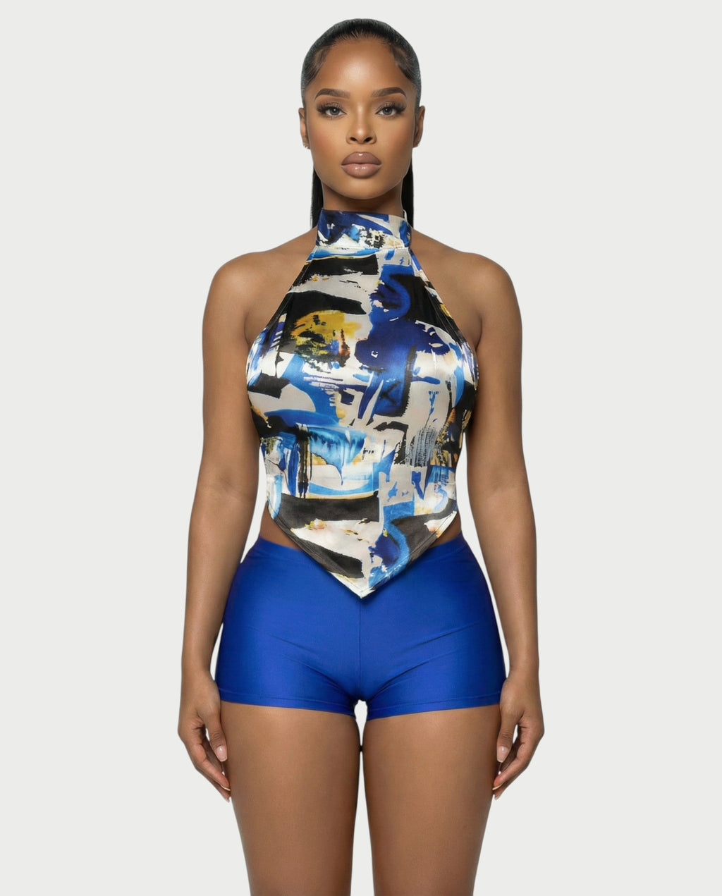 MAEVYN Backless High Neck Top & Shorts Set