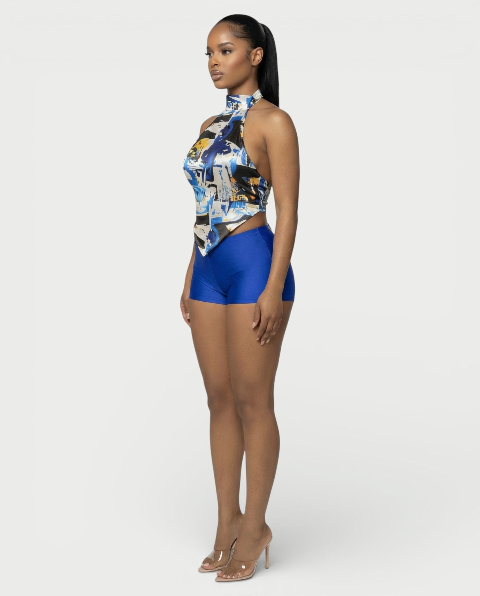 MAEVYN Backless High Neck Top & Shorts Set