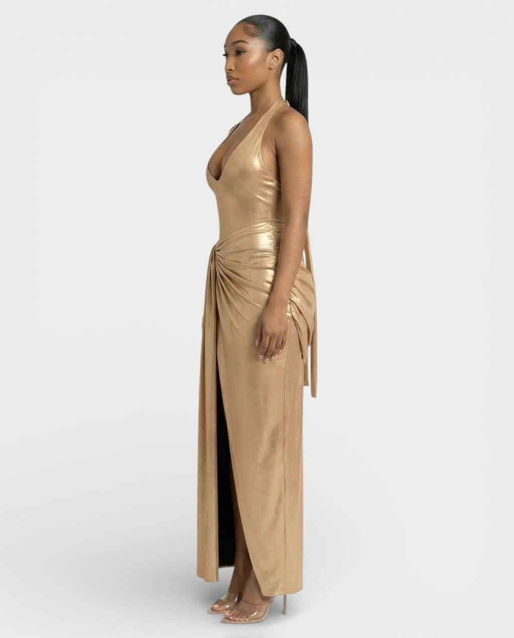 ARAYA Metallic Ruched High-Slit Maxi Dress