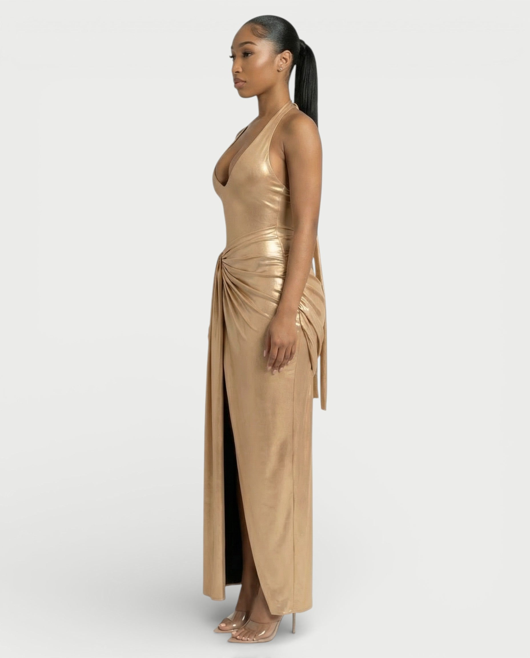 ARAYA Metallic Ruched High-Slit Maxi Dress