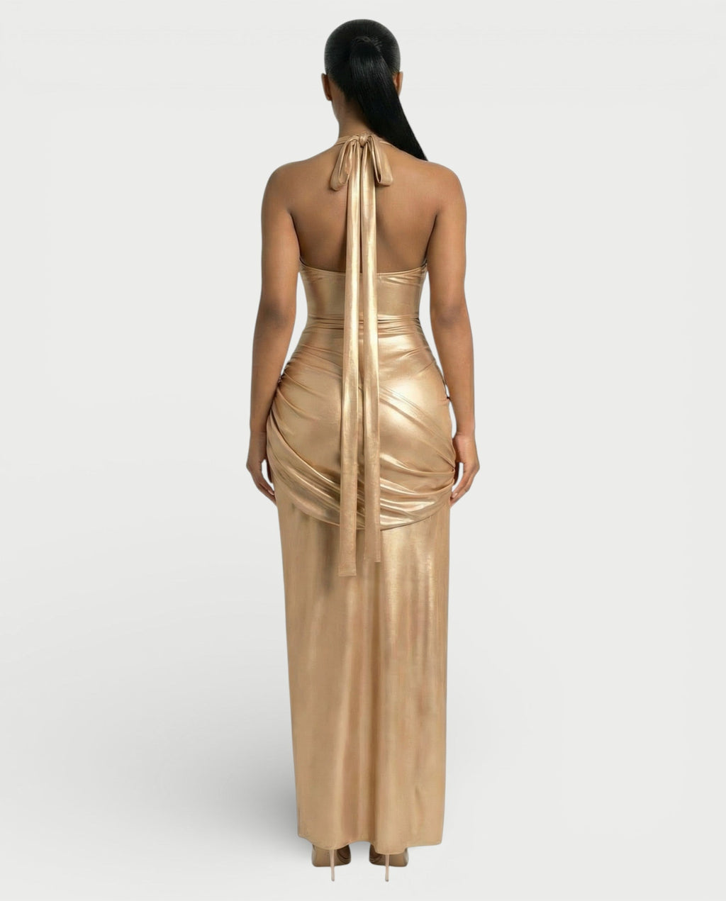 ARAYA Metallic Ruched High-Slit Maxi Dress