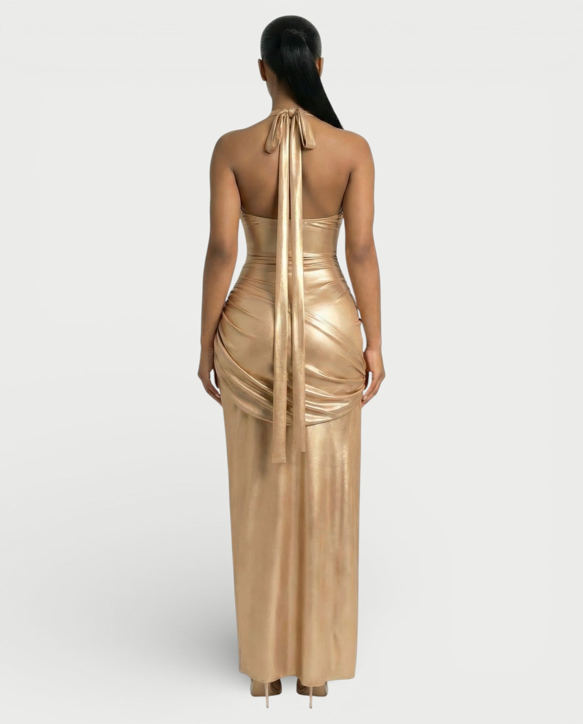 ARAYA Metallic Ruched High-Slit Maxi Dress