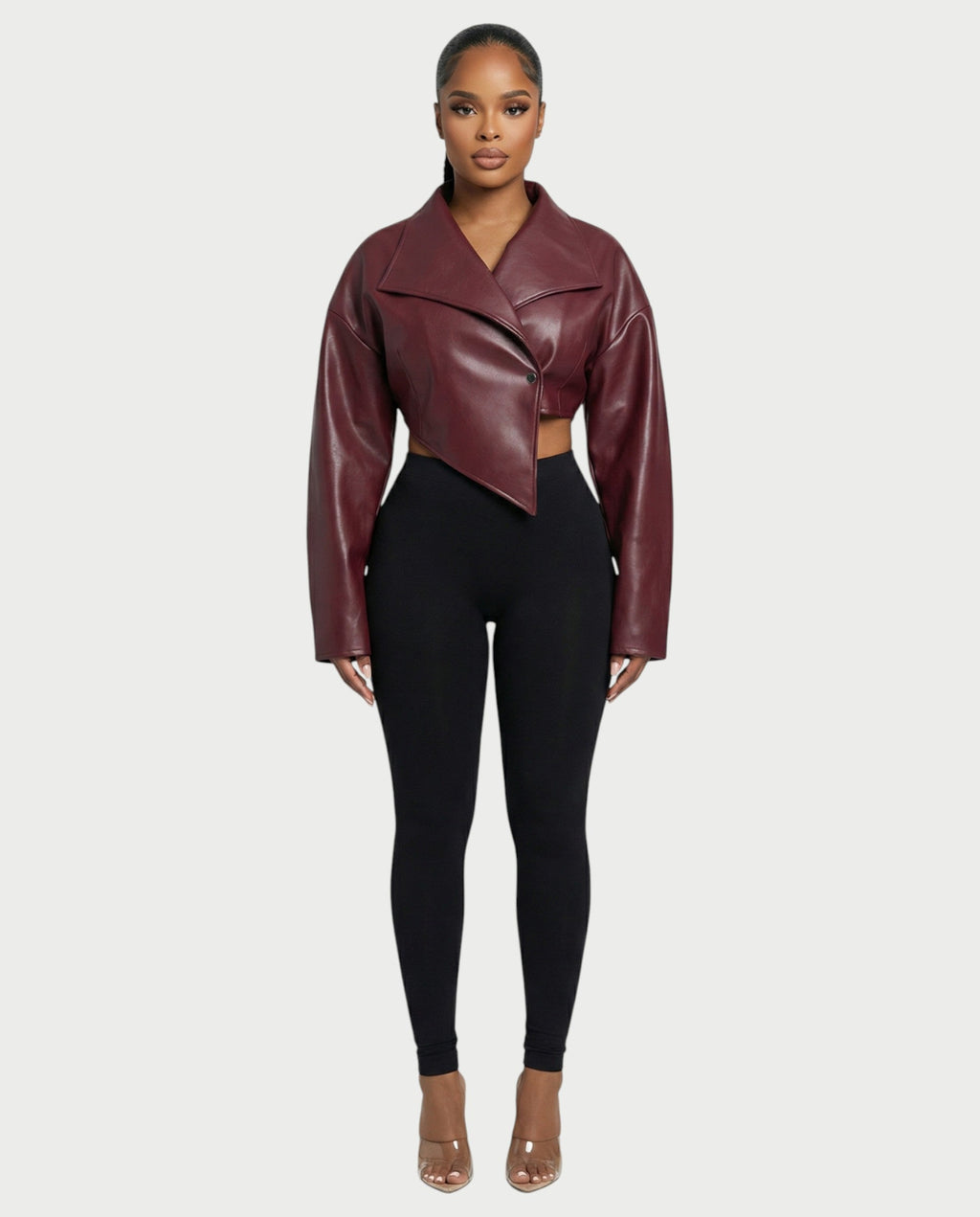 NIVIA Deep V Lapel Cropped Faux Leather Jacket