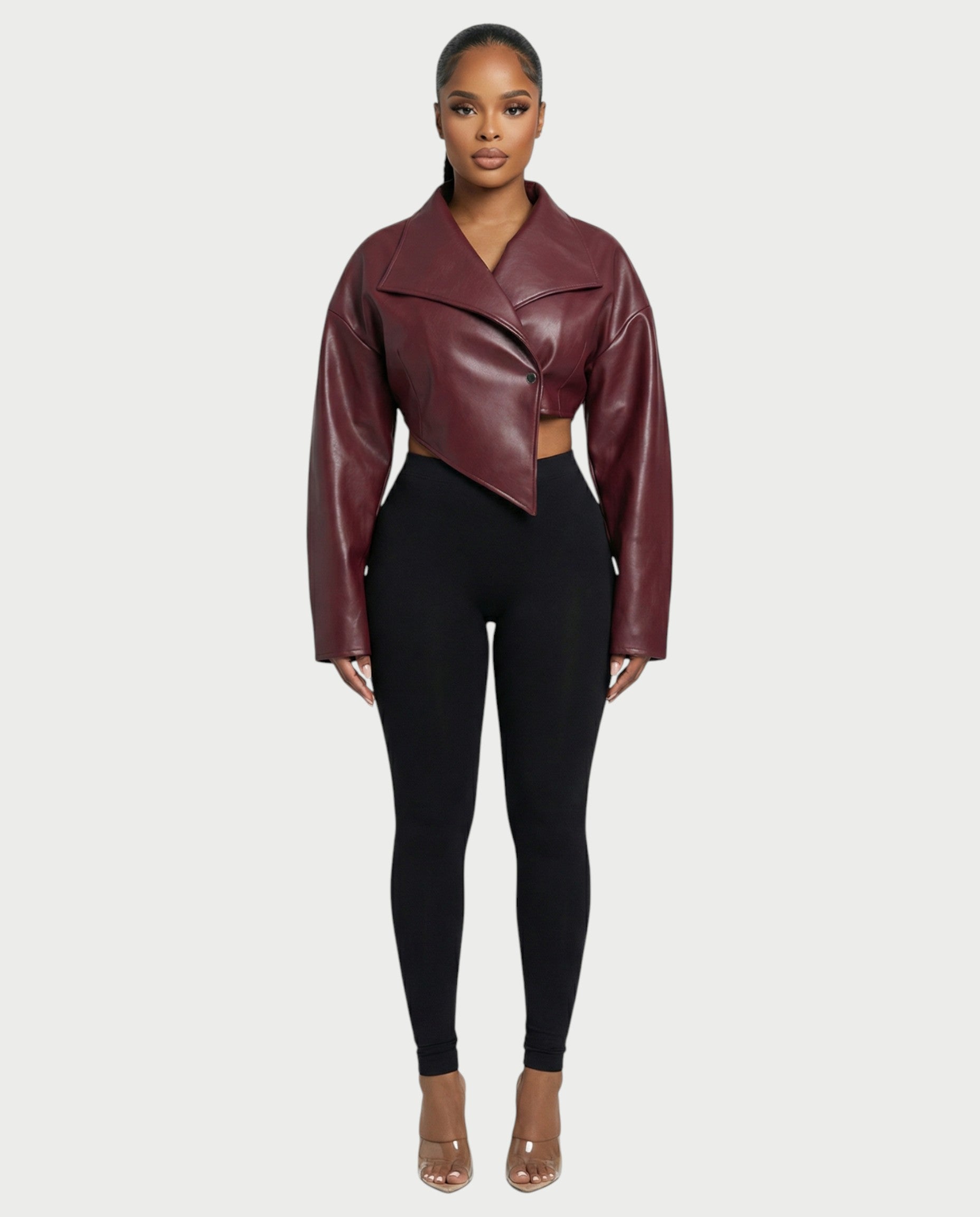 NIVIA Deep V Lapel Cropped Faux Leather Jacket