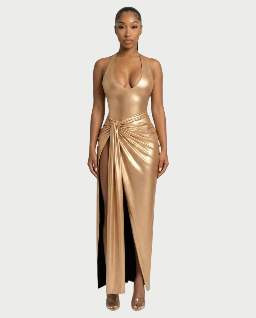 ARAYA Metallic Ruched High-Slit Maxi Dress