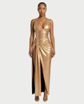 ARAYA Metallic Ruched High-Slit Maxi Dress