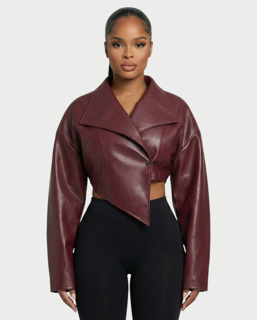 NIVIA Deep V Lapel Cropped Faux Leather Jacket