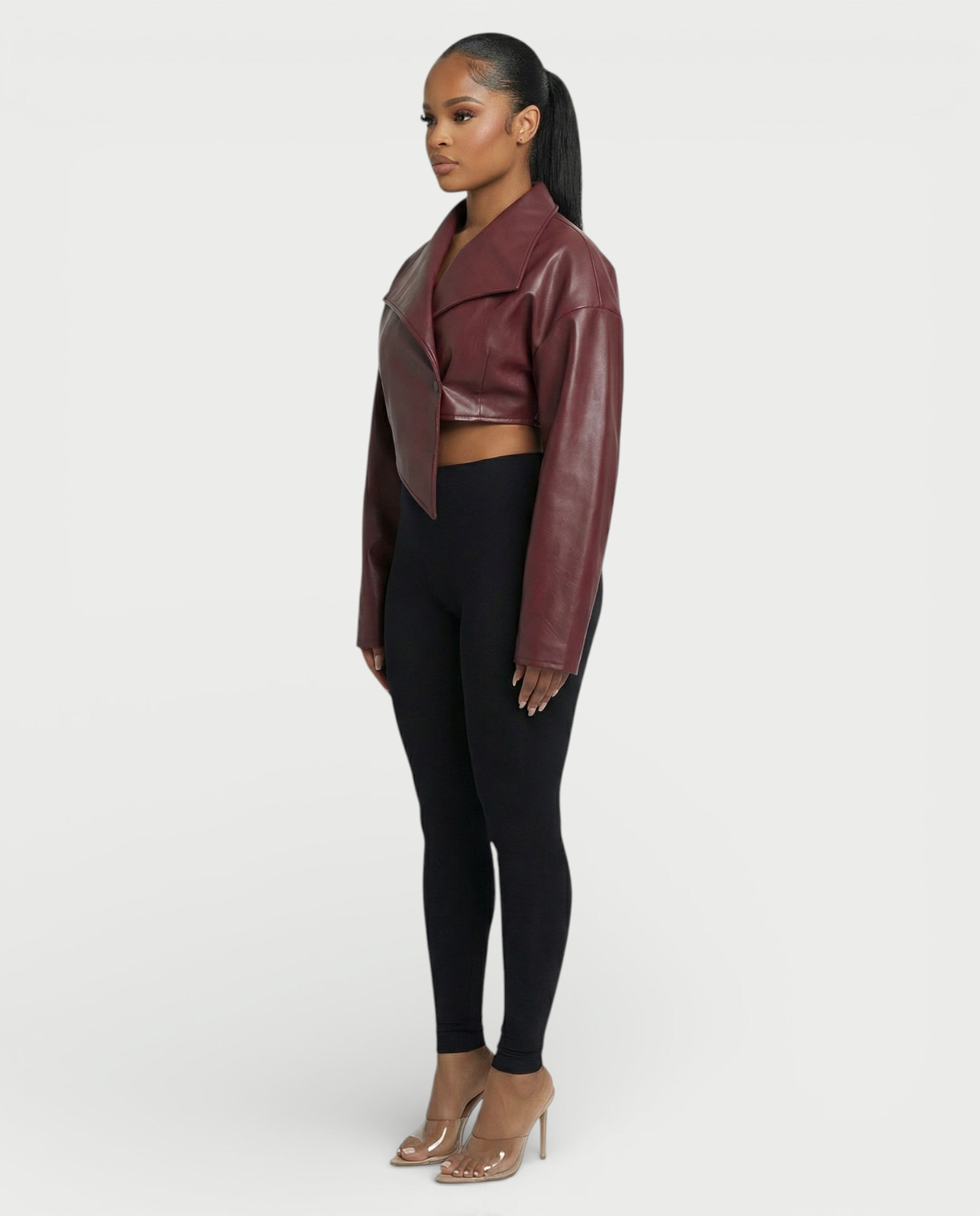 NIVIA Deep V Lapel Cropped Faux Leather Jacket
