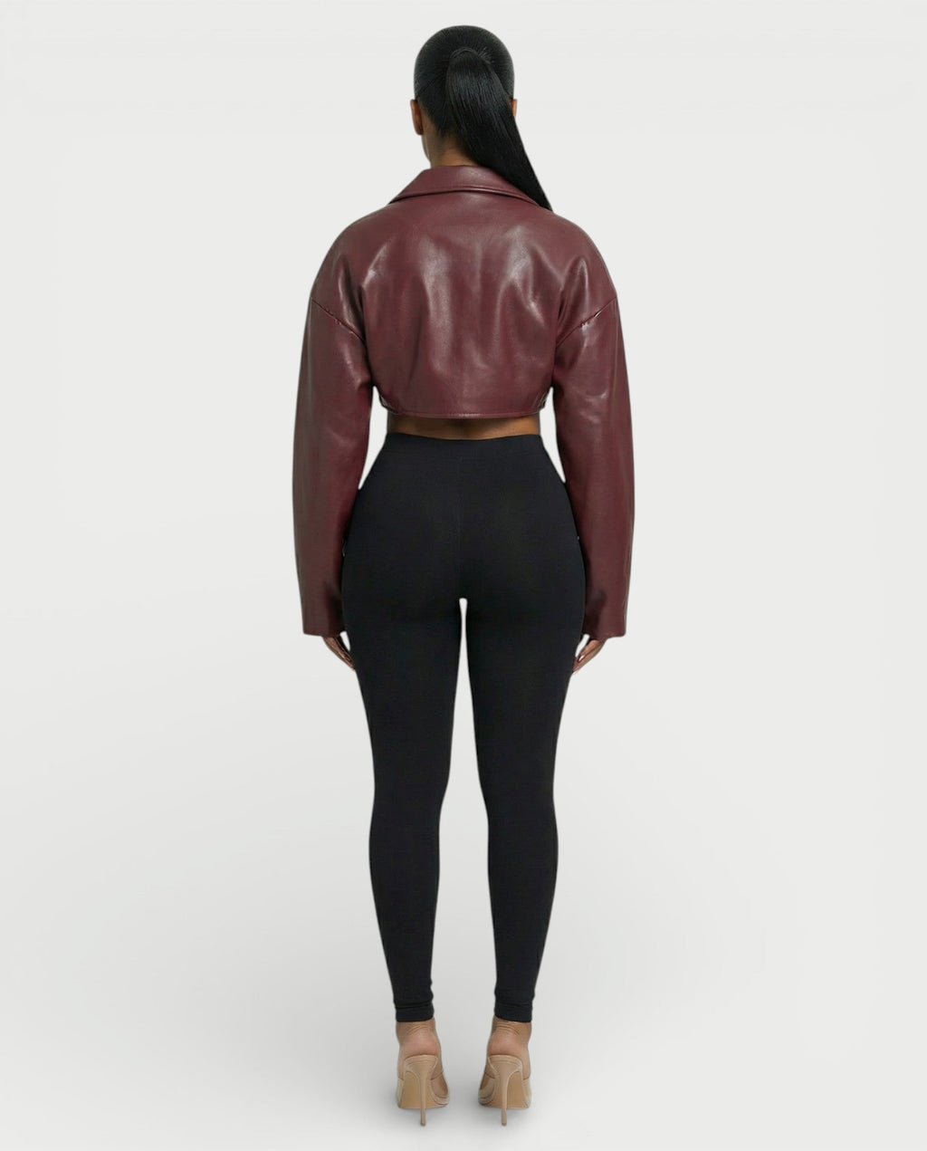 NIVIA Deep V Lapel Cropped Faux Leather Jacket