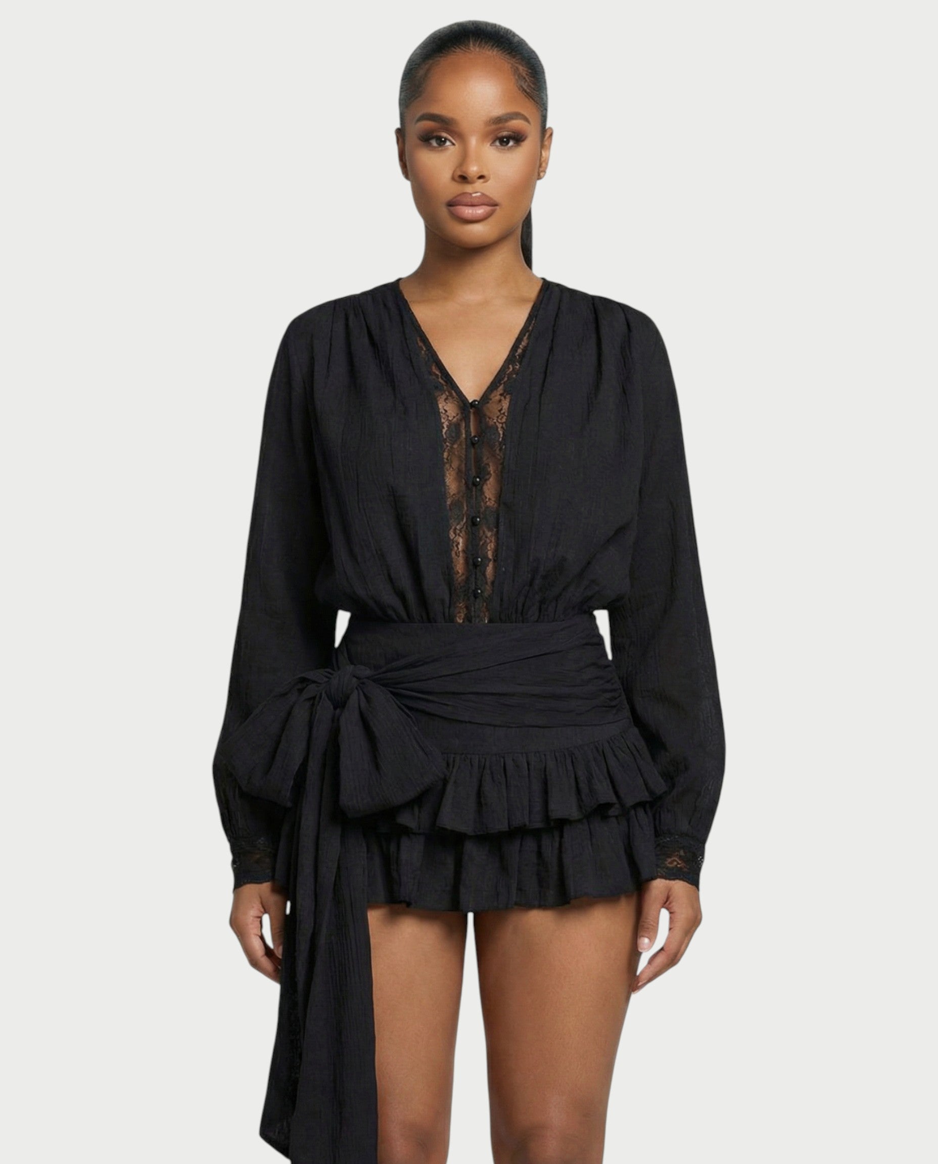 LORIELLE Sheer Lace-Trim V-Neck Chiffon Mini Dress