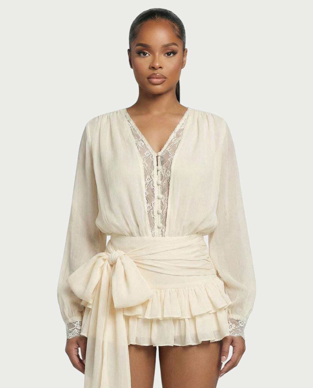 LORIELLE Sheer Lace-Trim V-Neck Chiffon Mini Dress