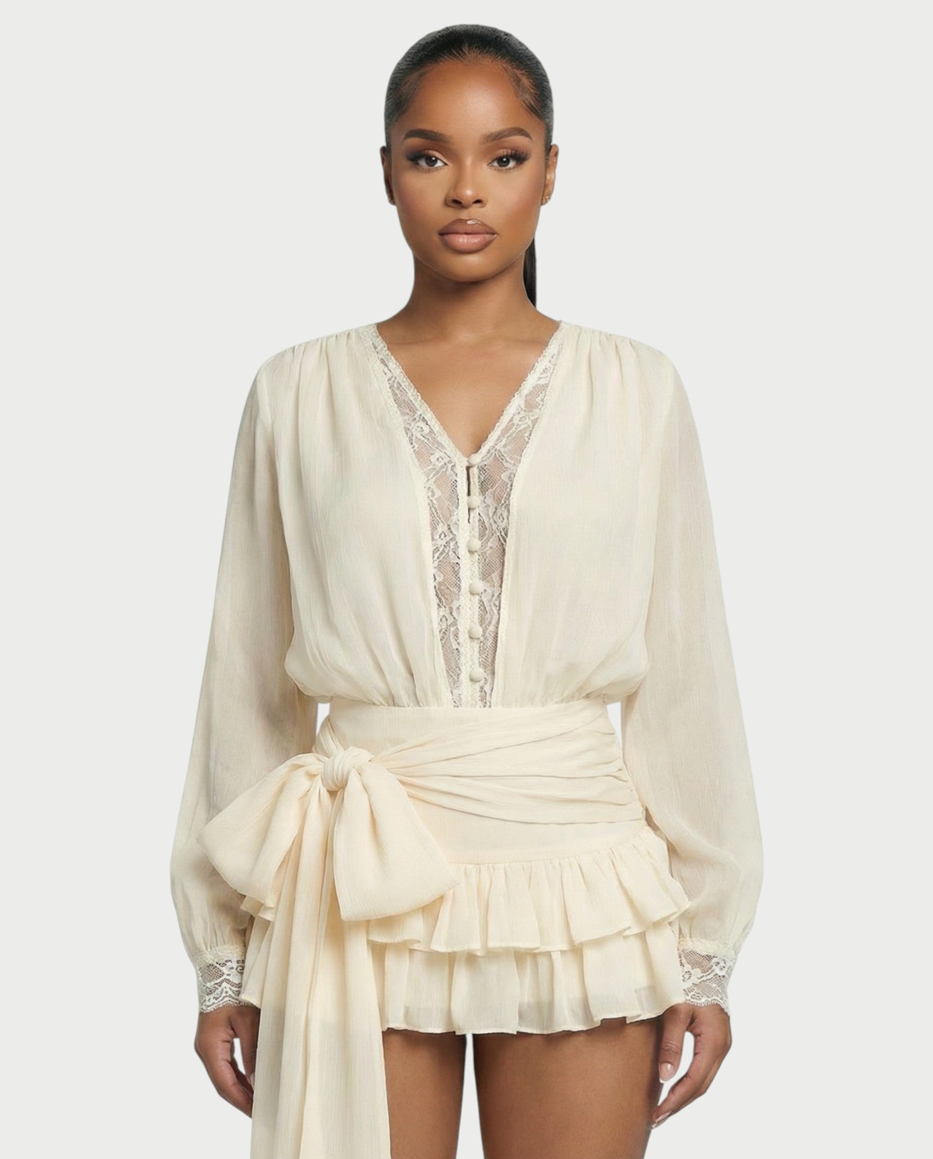 LORIELLE Sheer Lace-Trim V-Neck Chiffon Mini Dress
