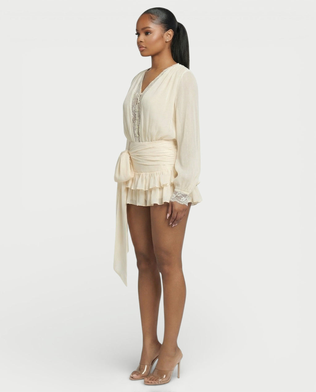 LORIELLE Sheer Lace-Trim V-Neck Chiffon Mini Dress