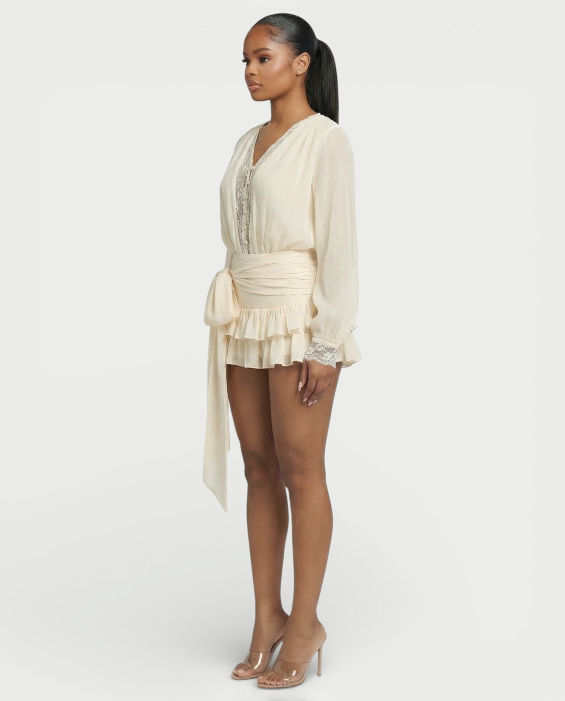 LORIELLE Sheer Lace-Trim V-Neck Chiffon Mini Dress