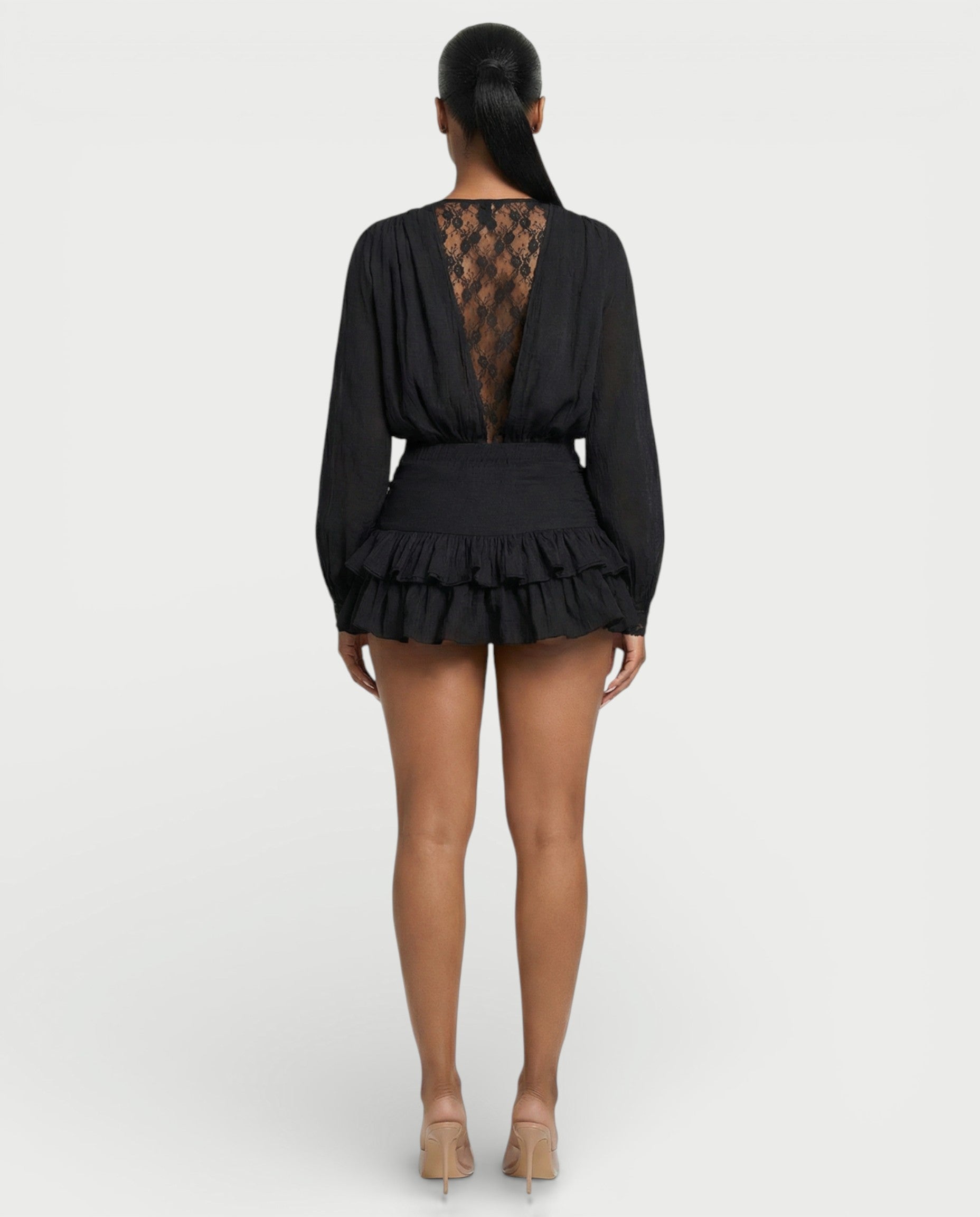 LORIELLE Sheer Lace-Trim V-Neck Chiffon Mini Dress