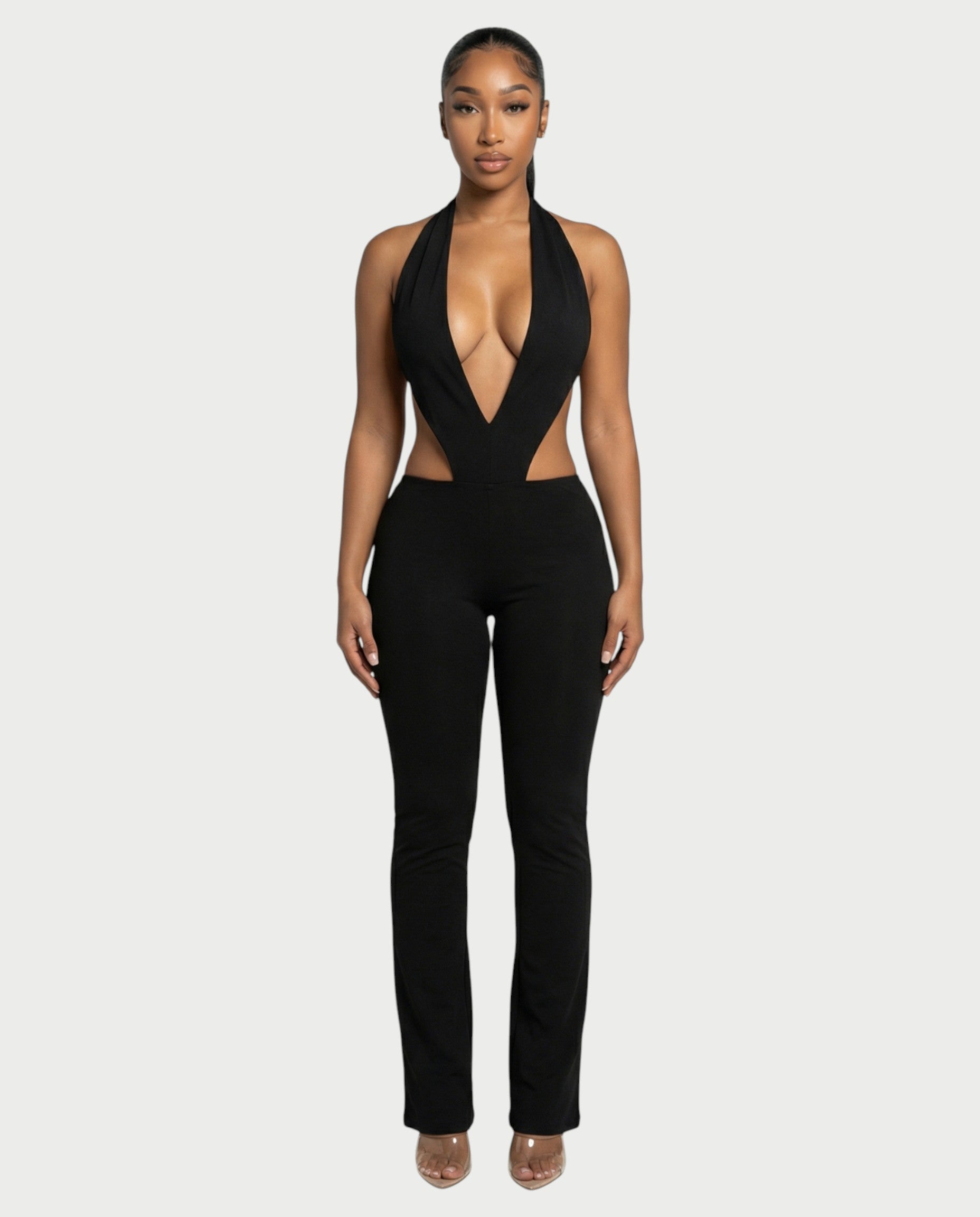 ELONA Deep Plunge Halter Flare Jumpsuit