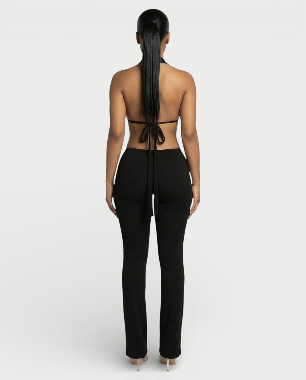 ELONA Deep Plunge Halter Flare Jumpsuit