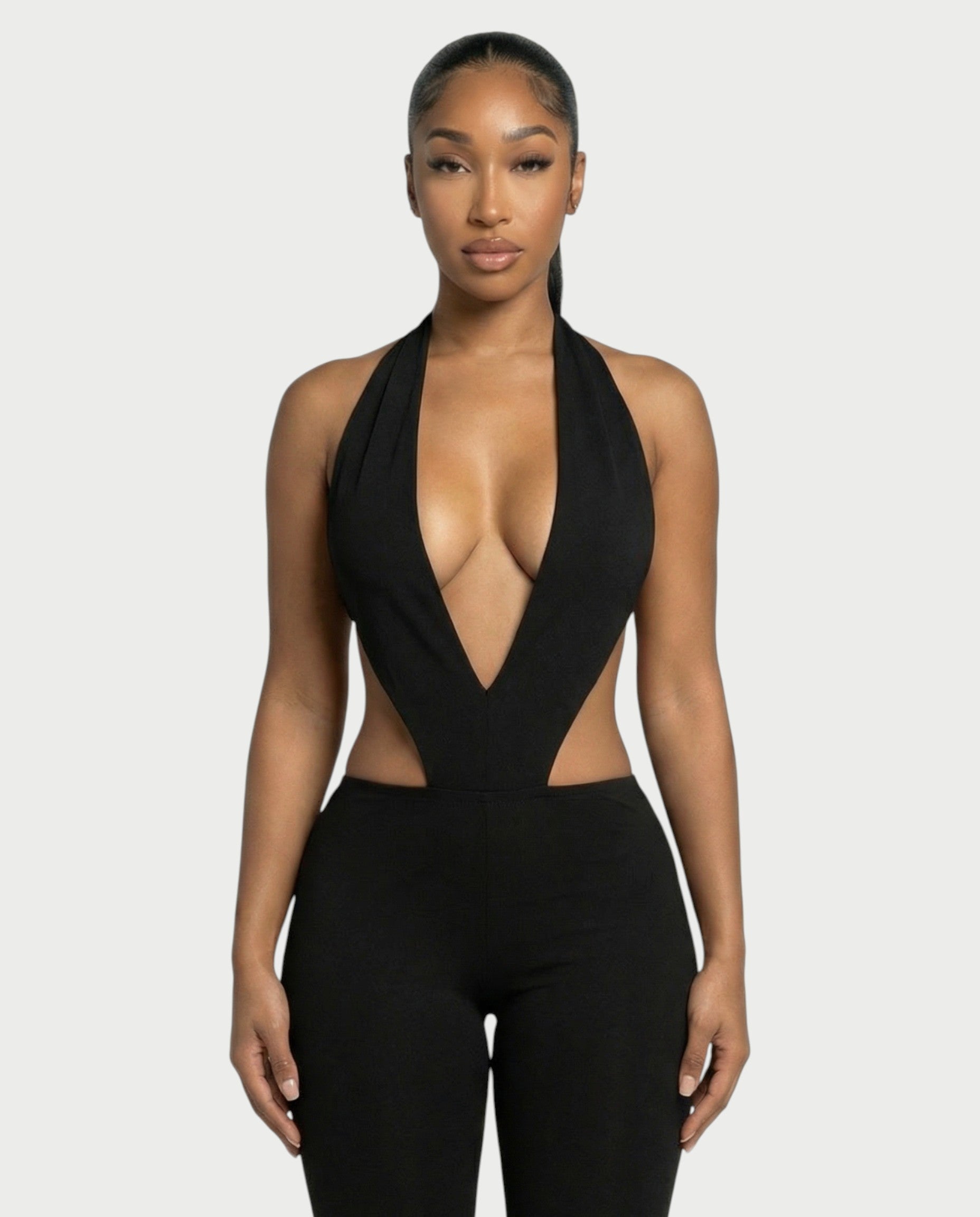 ELONA Deep Plunge Halter Flare Jumpsuit