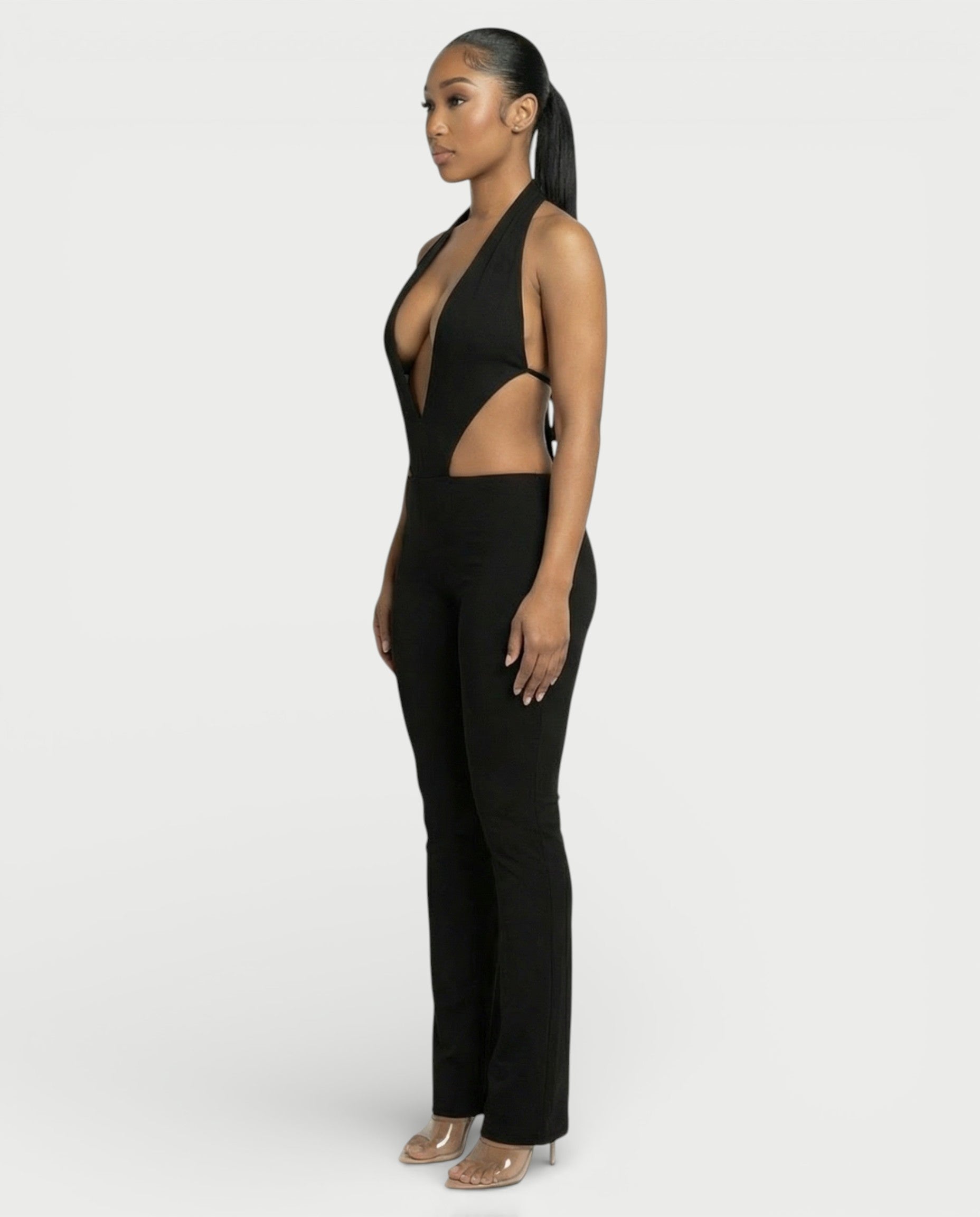 ELONA Deep Plunge Halter Flare Jumpsuit