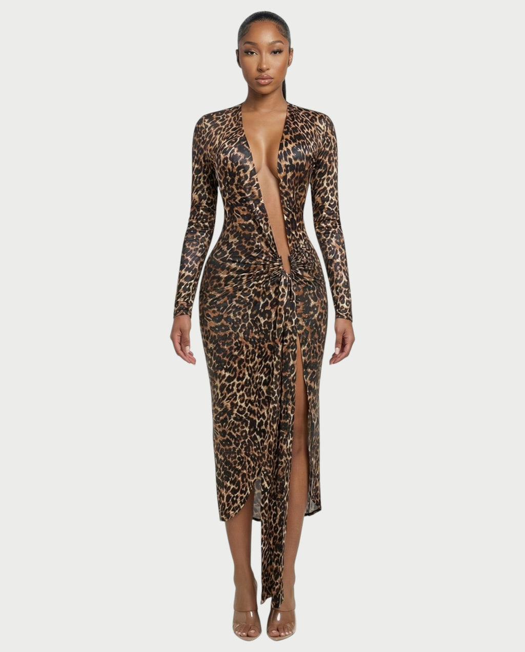 ALONA Leopard Pleated Long Sleeve Midi Dress