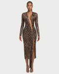 ALONA Leopard Pleated Long Sleeve Midi Dress
