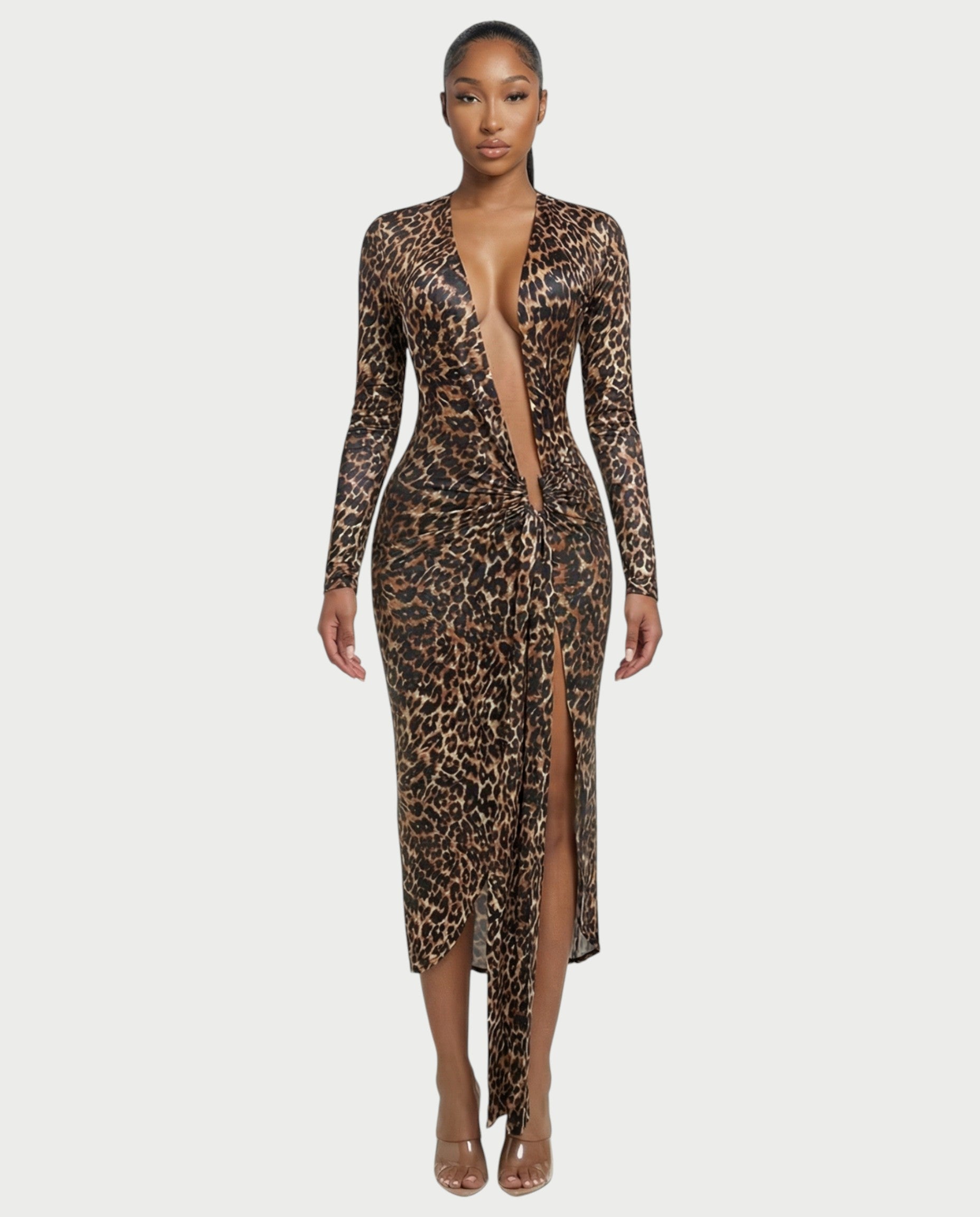ALONA Leopard Pleated Long Sleeve Midi Dress