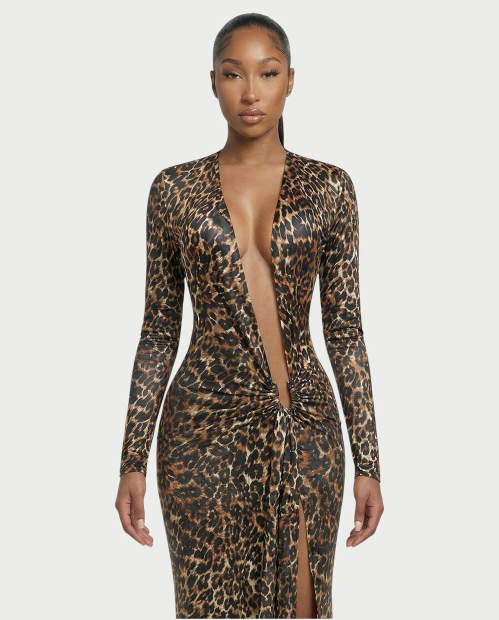 ALONA Leopard Pleated Long Sleeve Midi Dress