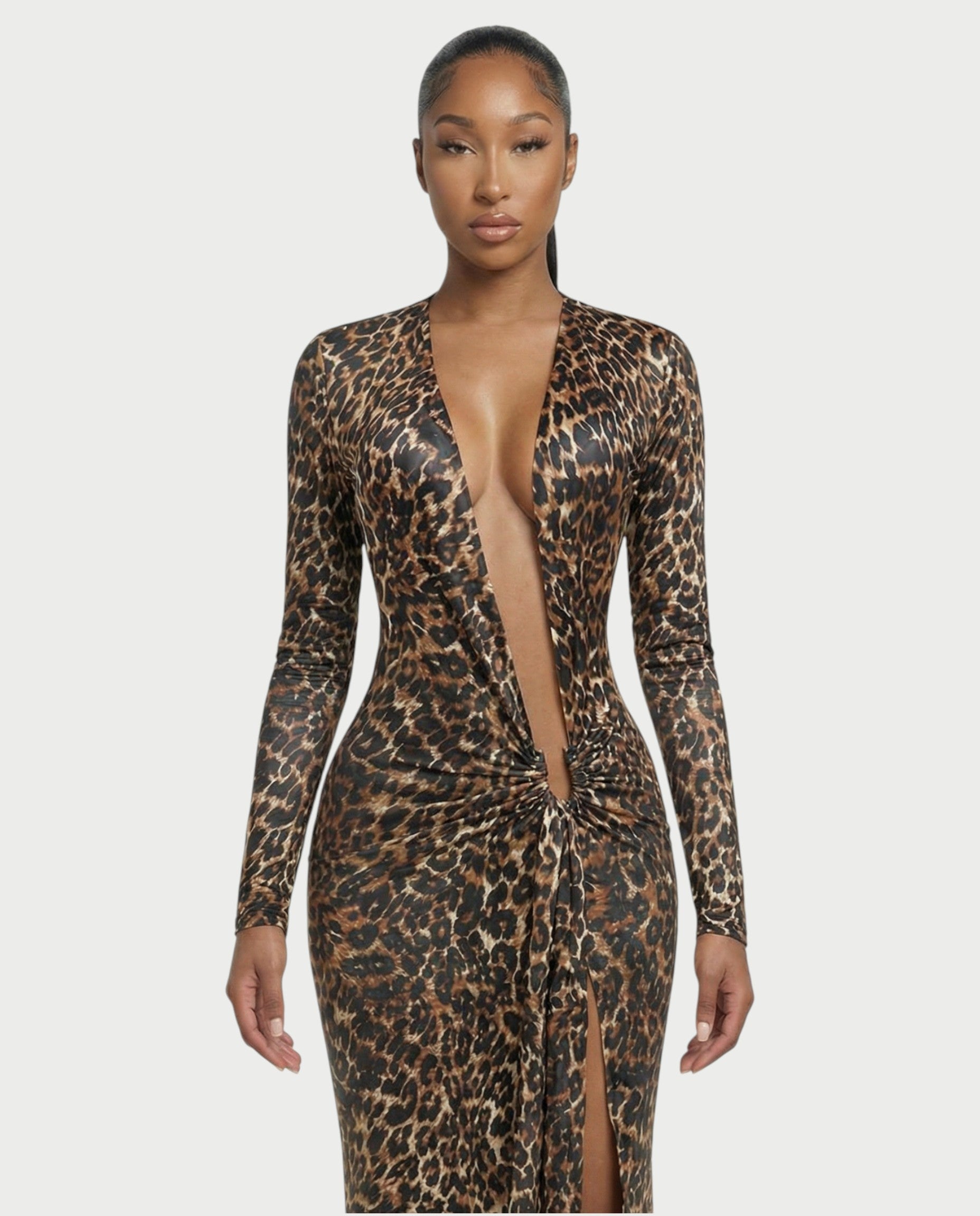 ALONA Leopard Pleated Long Sleeve Midi Dress