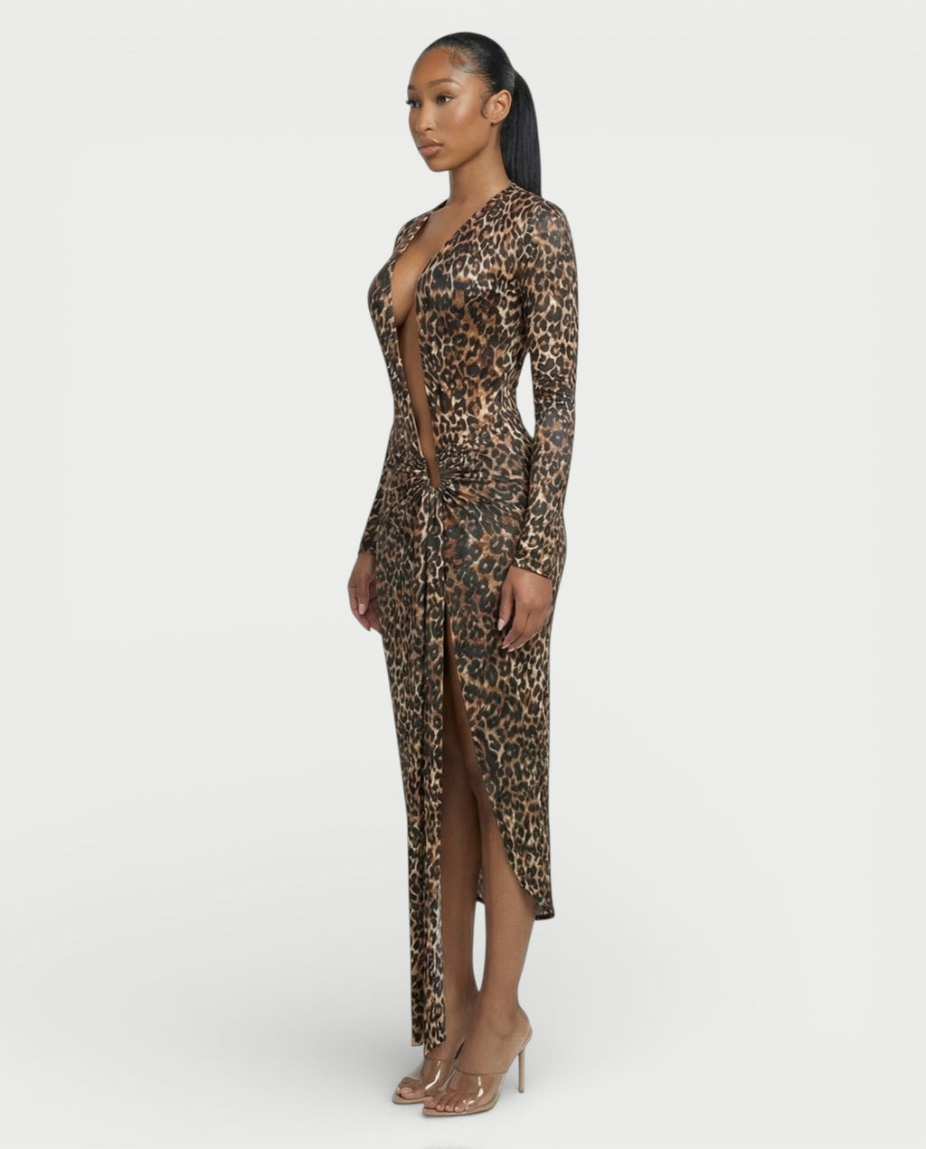 ALONA Leopard Pleated Long Sleeve Midi Dress