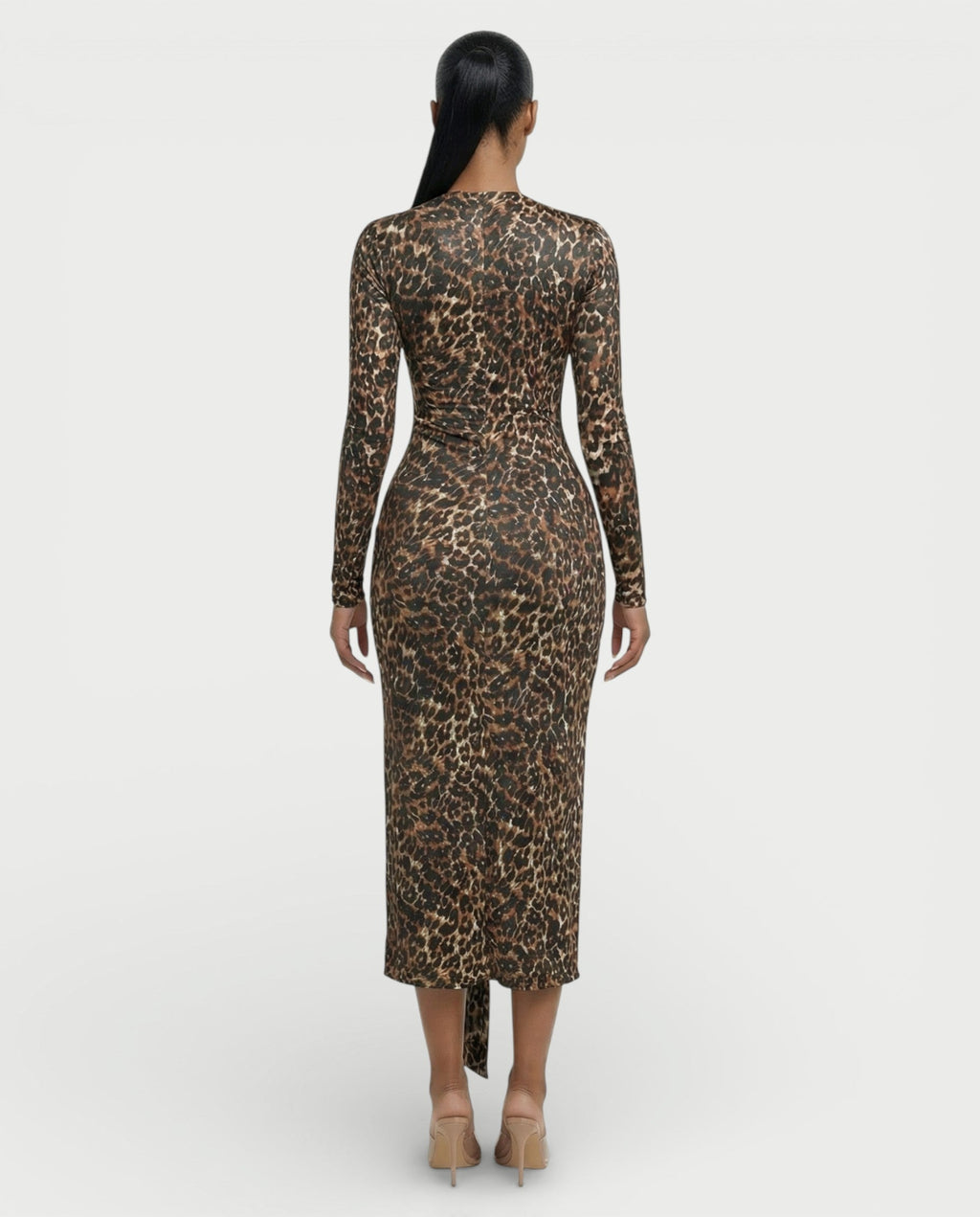 ALONA Leopard Pleated Long Sleeve Midi Dress