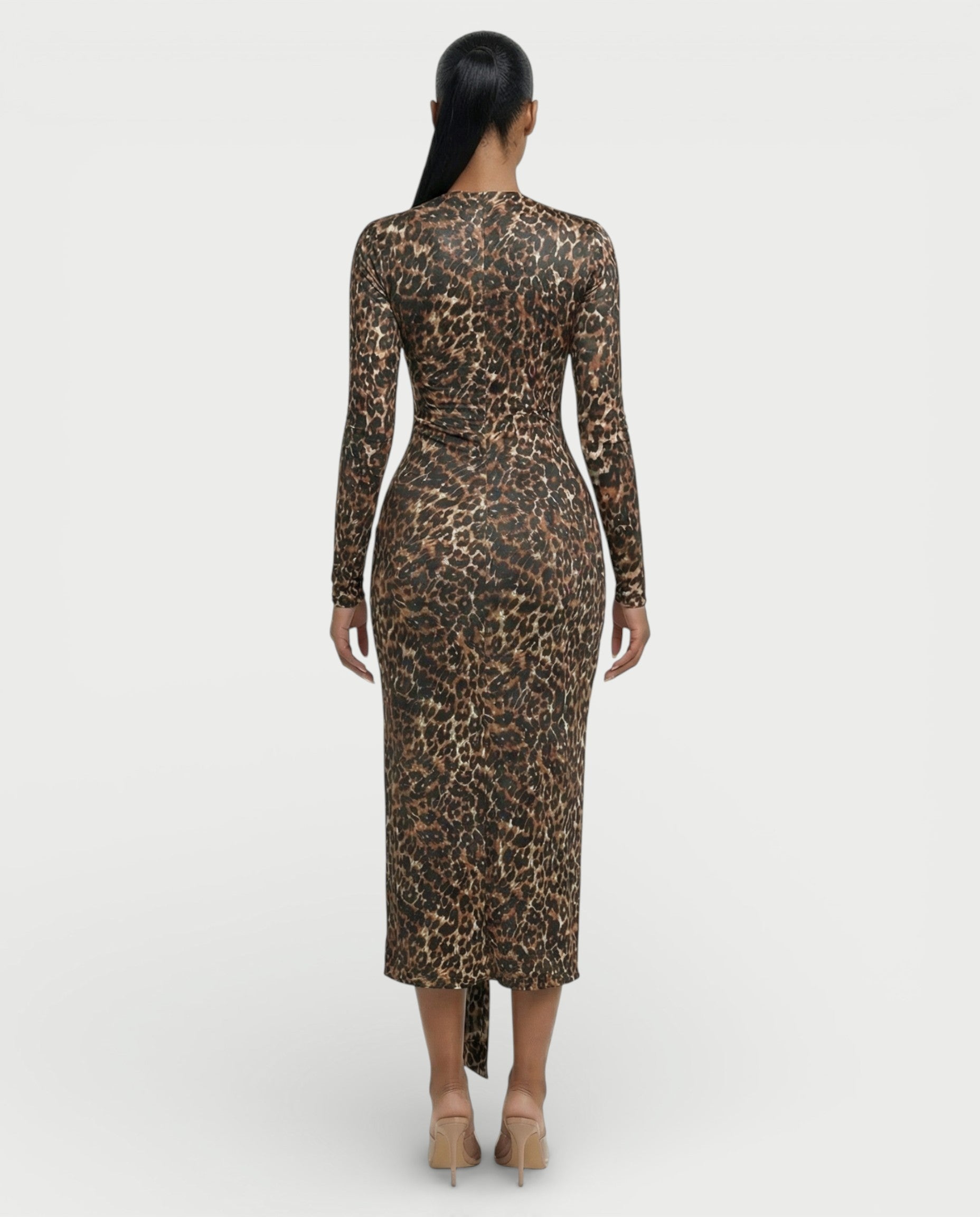 ALONA Leopard Pleated Long Sleeve Midi Dress