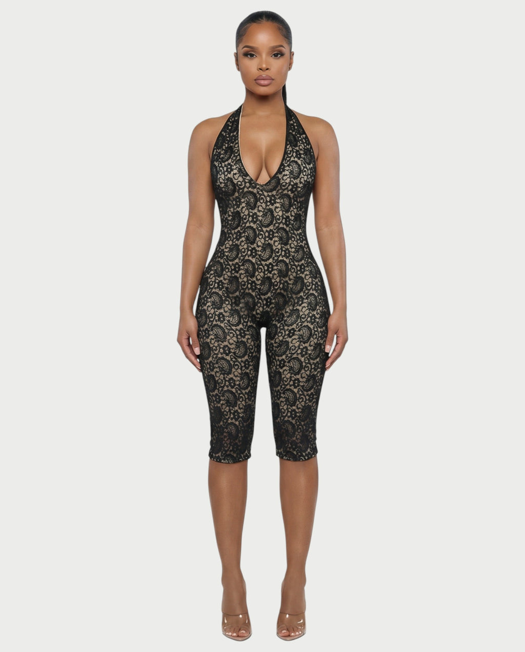 VENYA Deep-V Halterneck Lace Romper