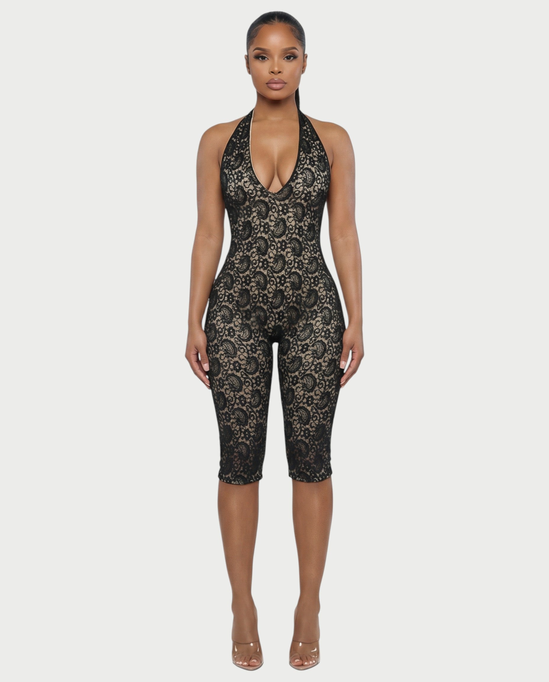 VENYA Deep-V Halterneck Lace Romper