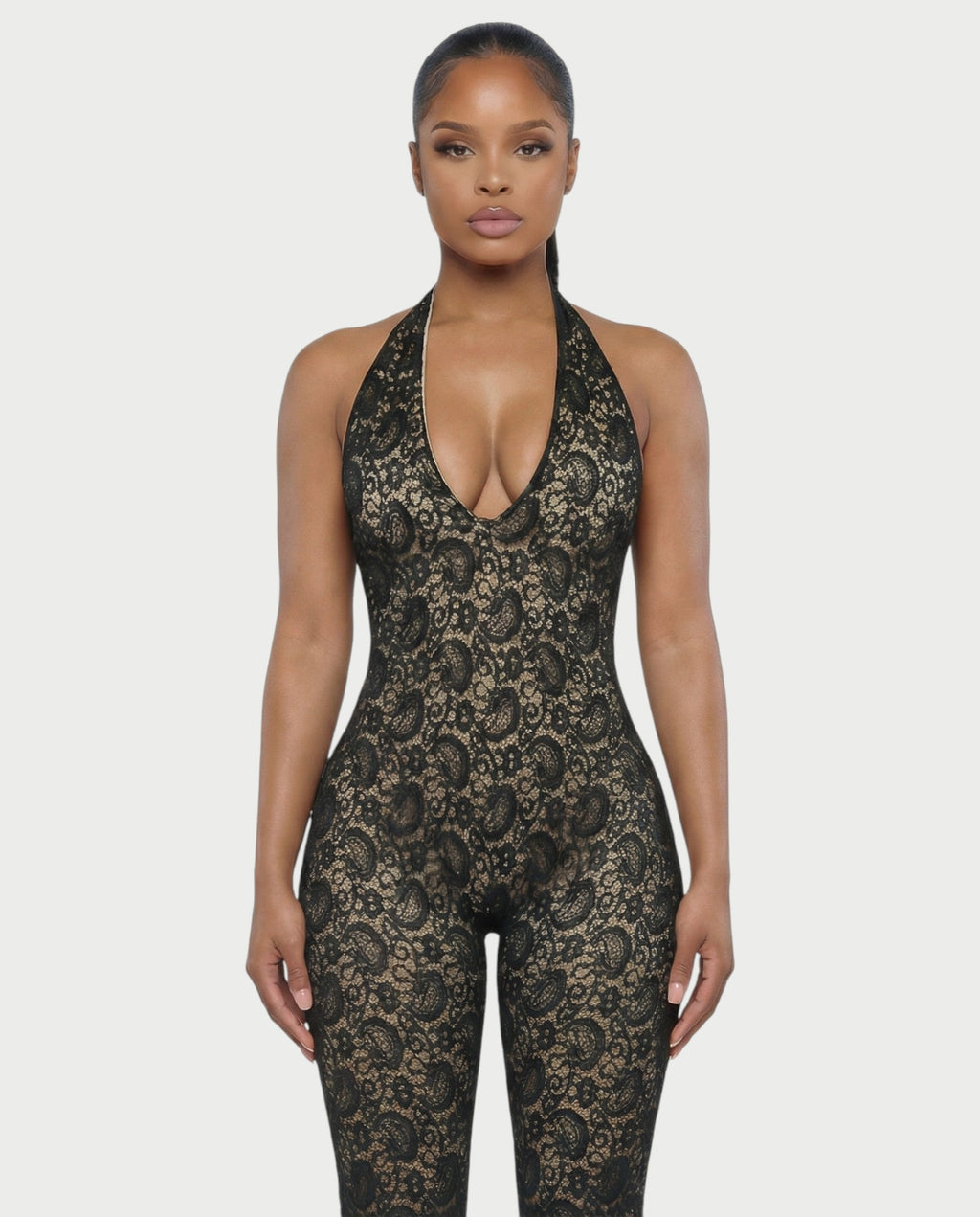 VENYA Deep-V Halterneck Lace Romper