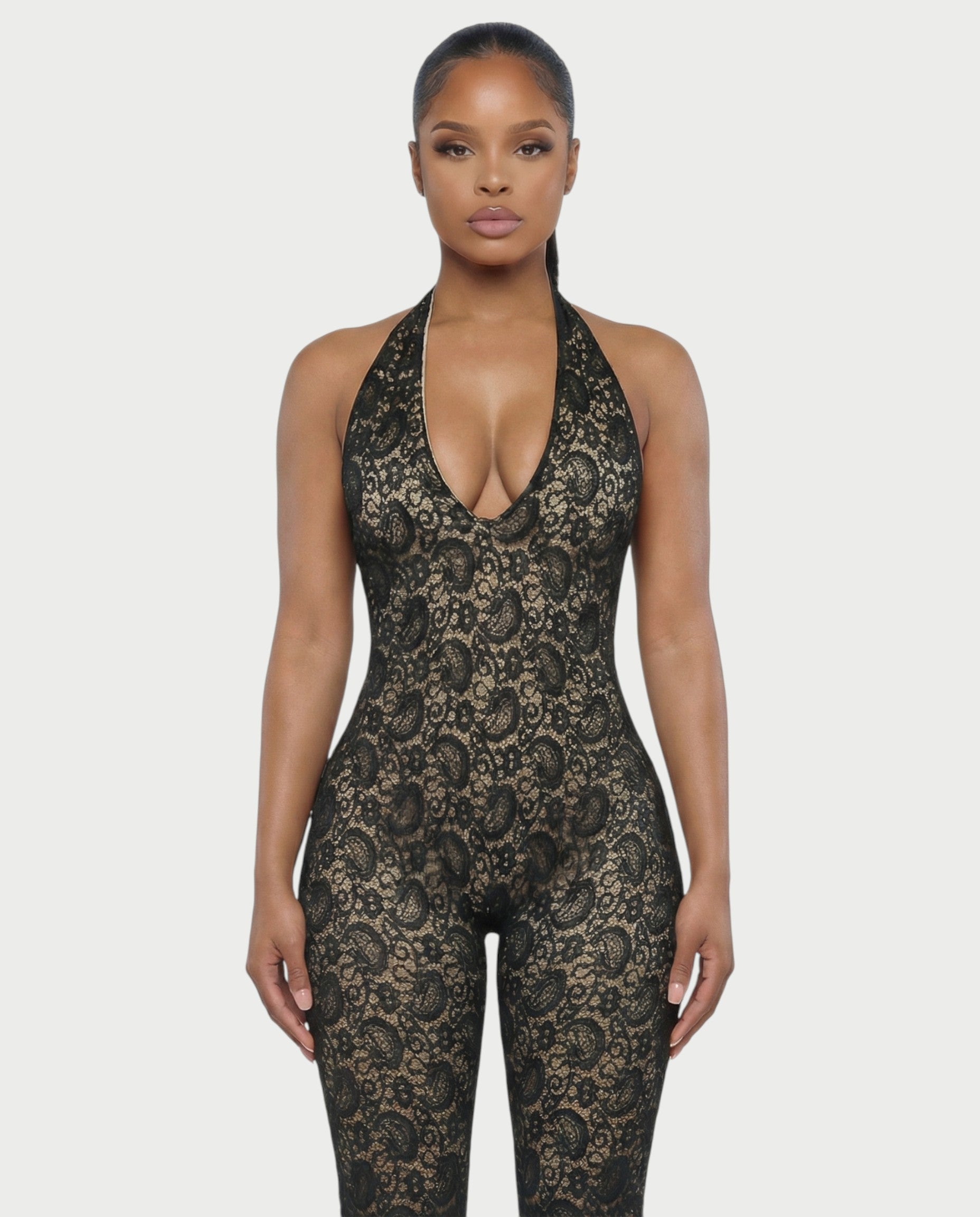VENYA Deep-V Halterneck Lace Romper