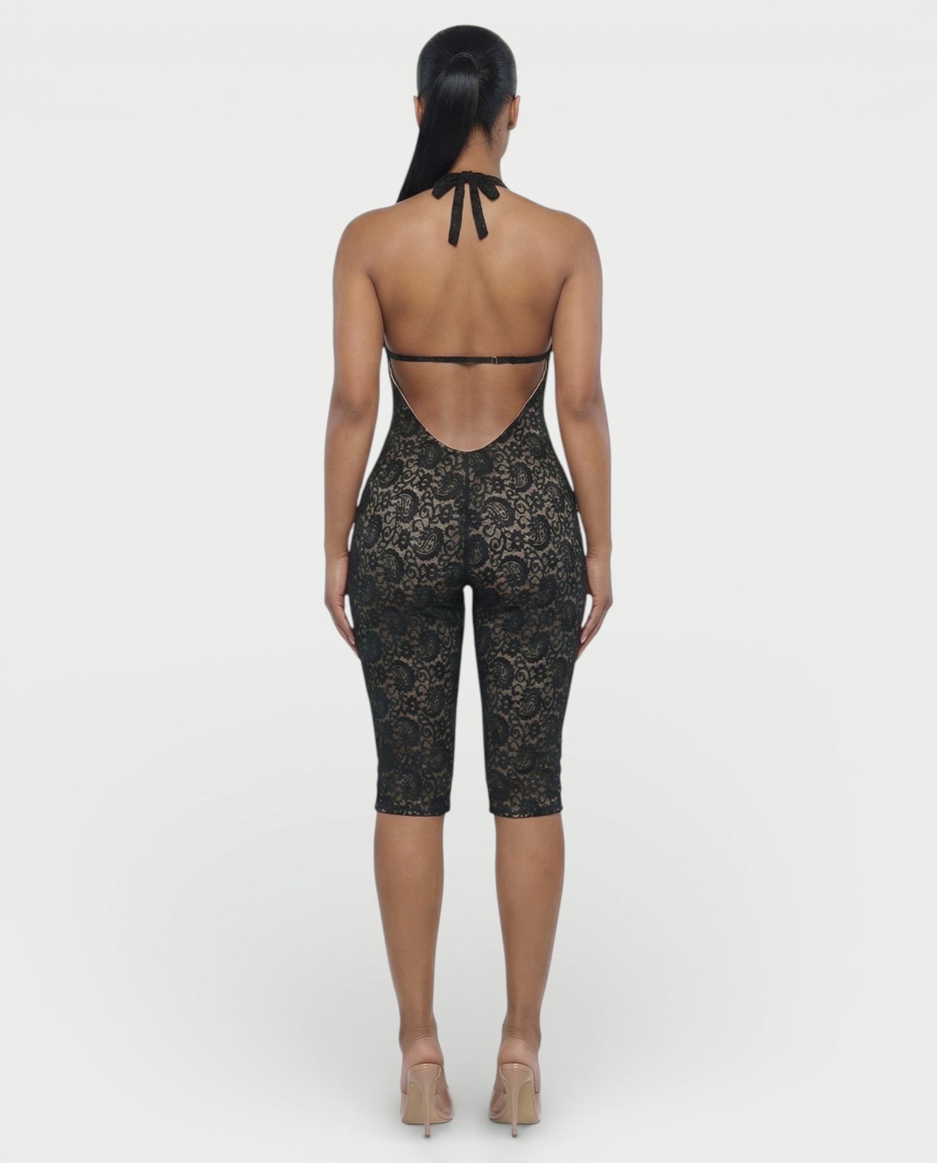 VENYA Deep-V Halterneck Lace Romper