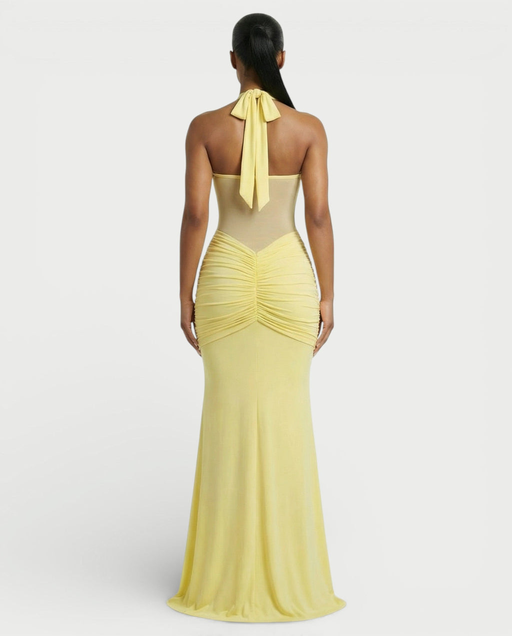 ALLEYA Halterneck Ruched Mesh Panel Maxi Dress