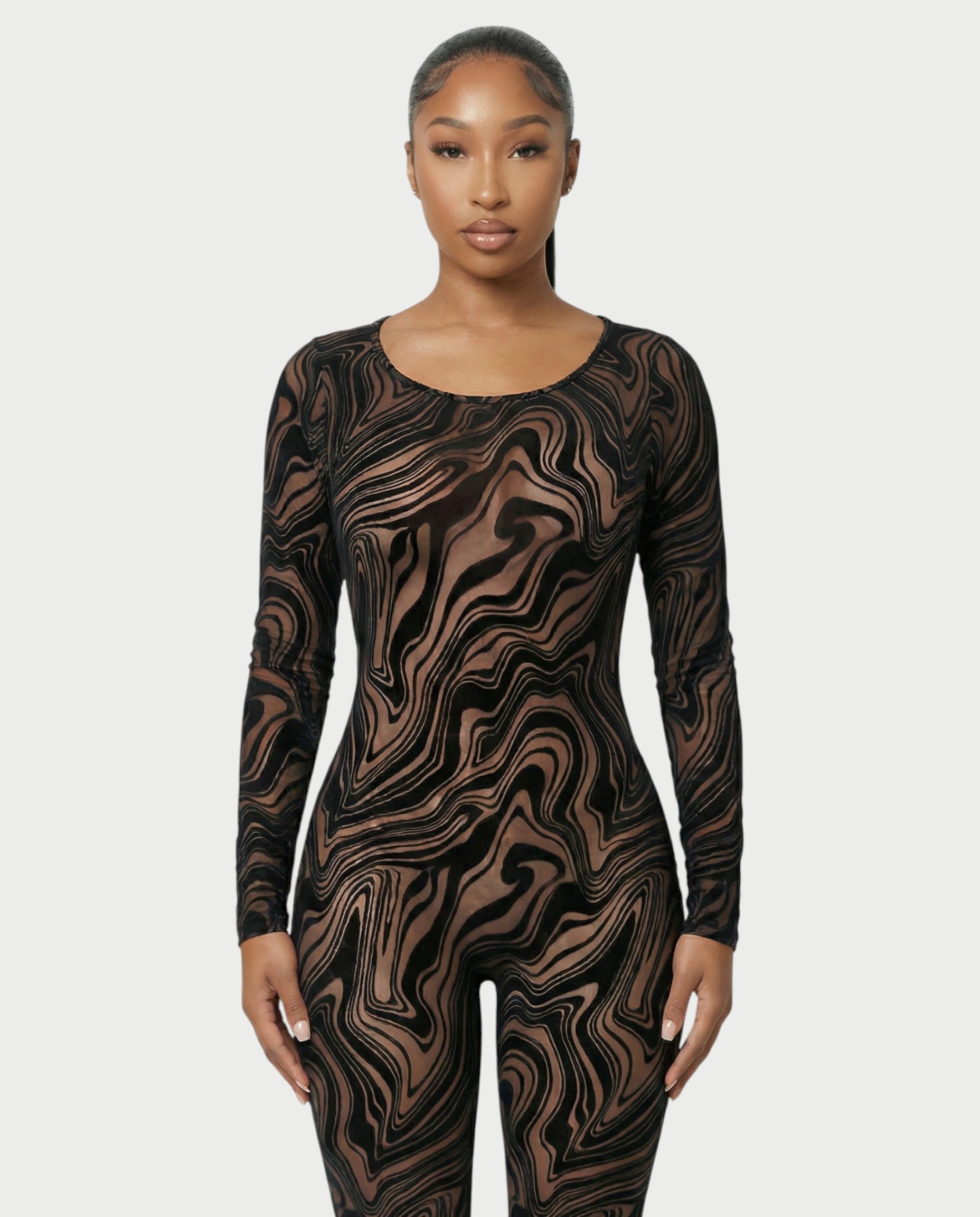 ZEFIRA Sheer Swirl Mesh Bodycon Jumpsuit