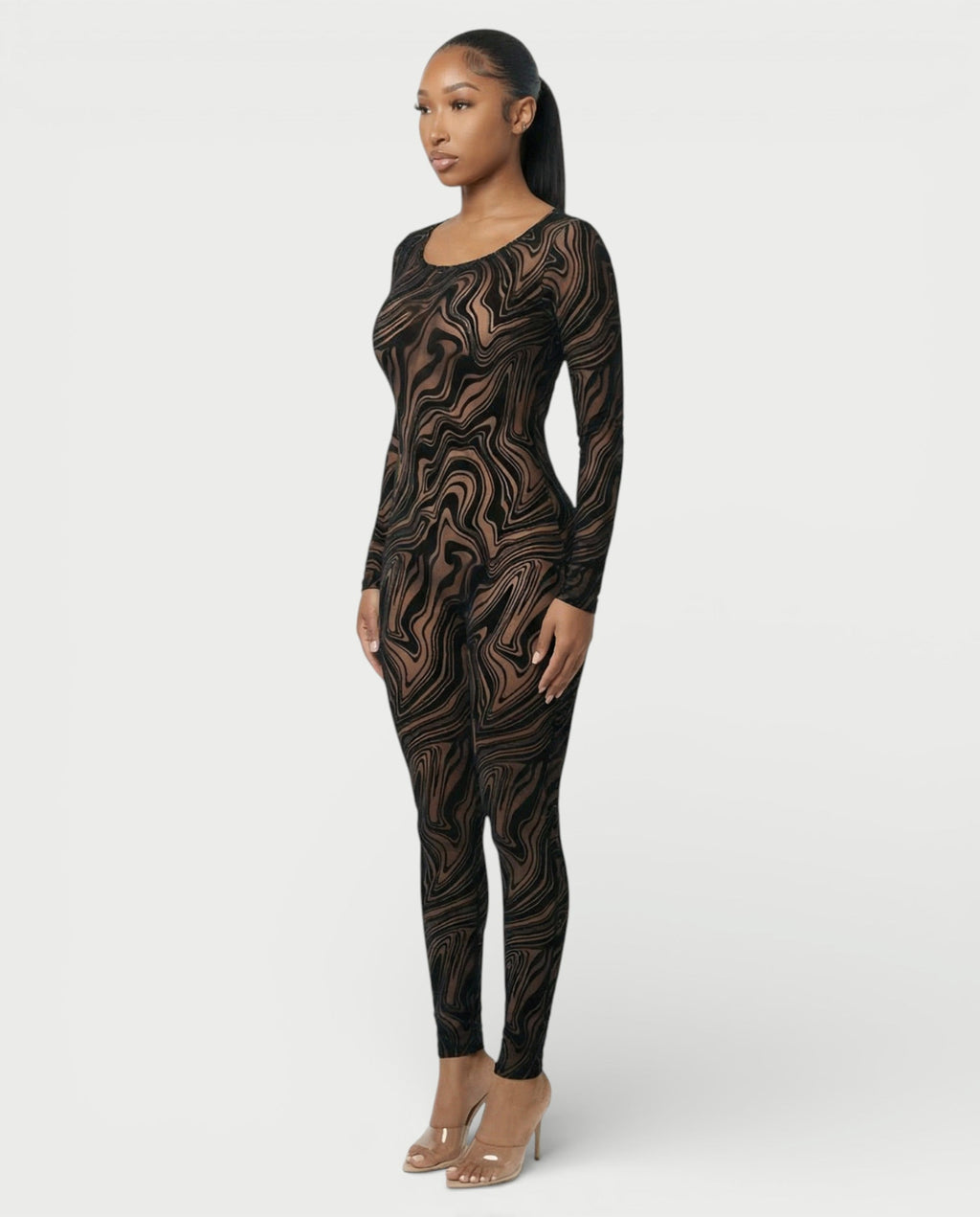 ZEFIRA Sheer Swirl Mesh Bodycon Jumpsuit