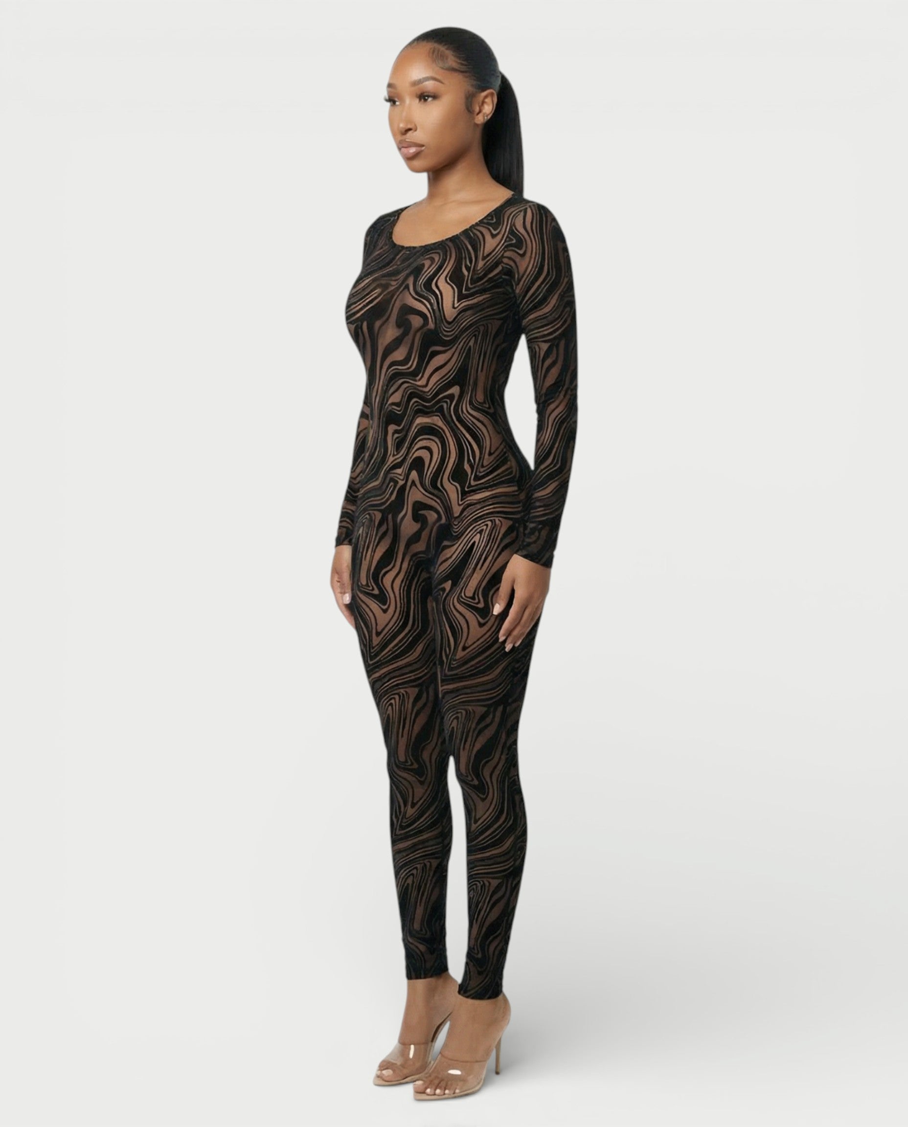 ZEFIRA Sheer Swirl Mesh Bodycon Jumpsuit