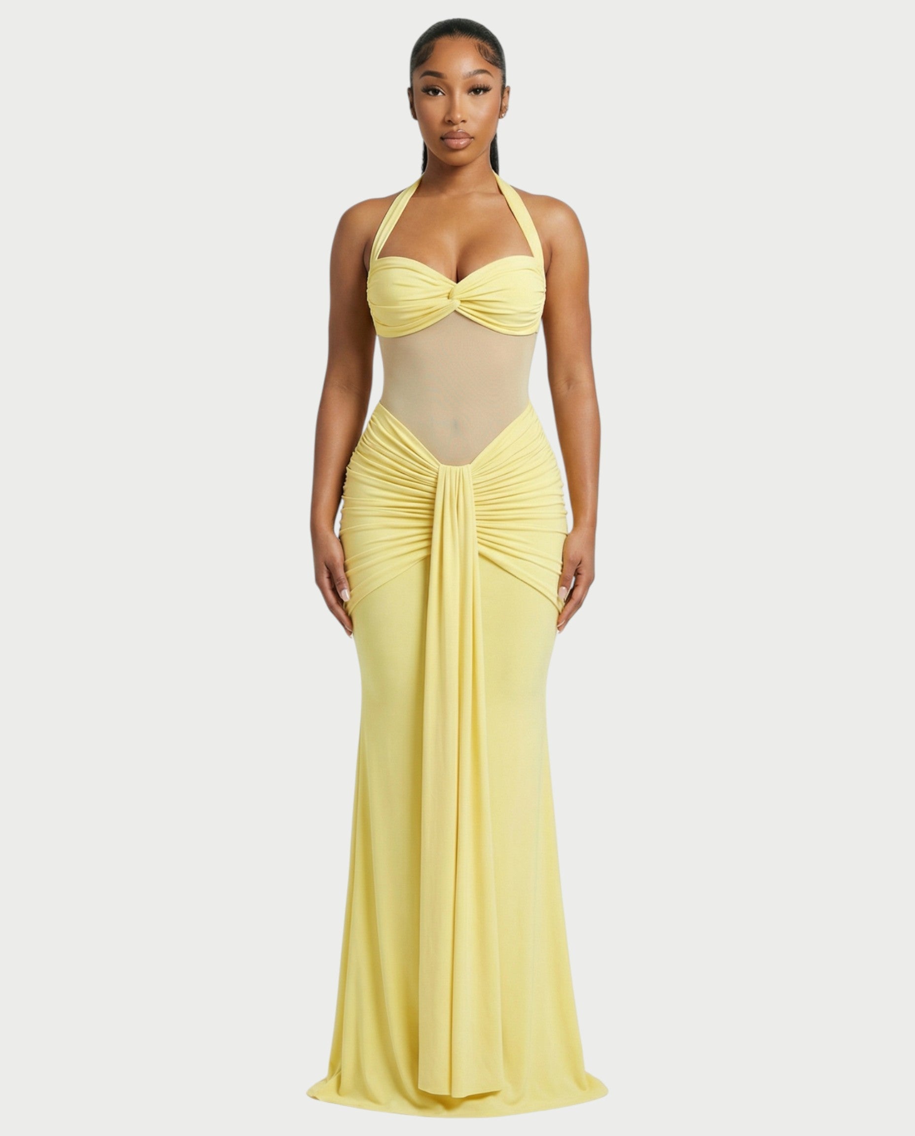 ALLEYA Halterneck Ruched Mesh Panel Maxi Dress