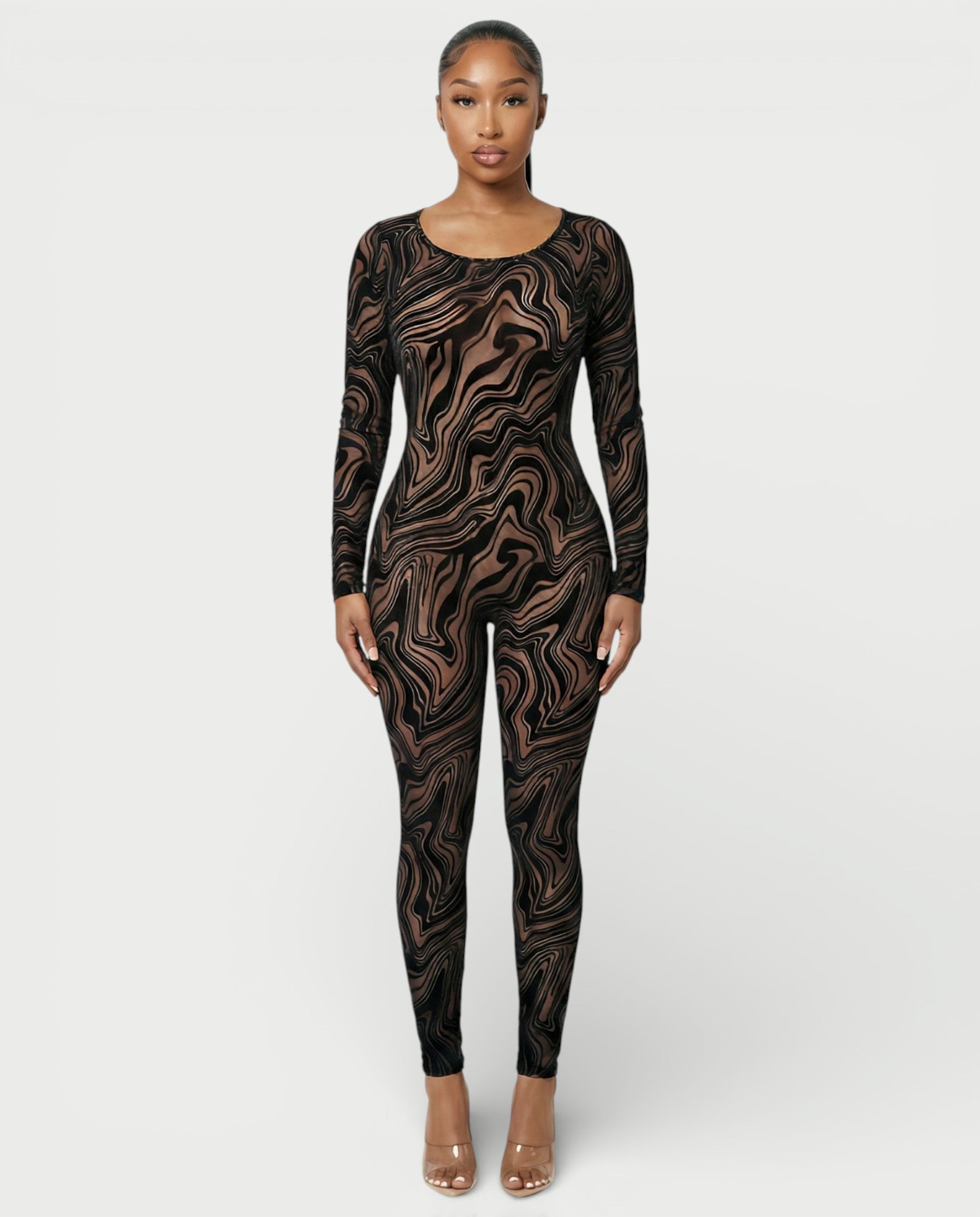 ZEFIRA Sheer Swirl Mesh Bodycon Jumpsuit